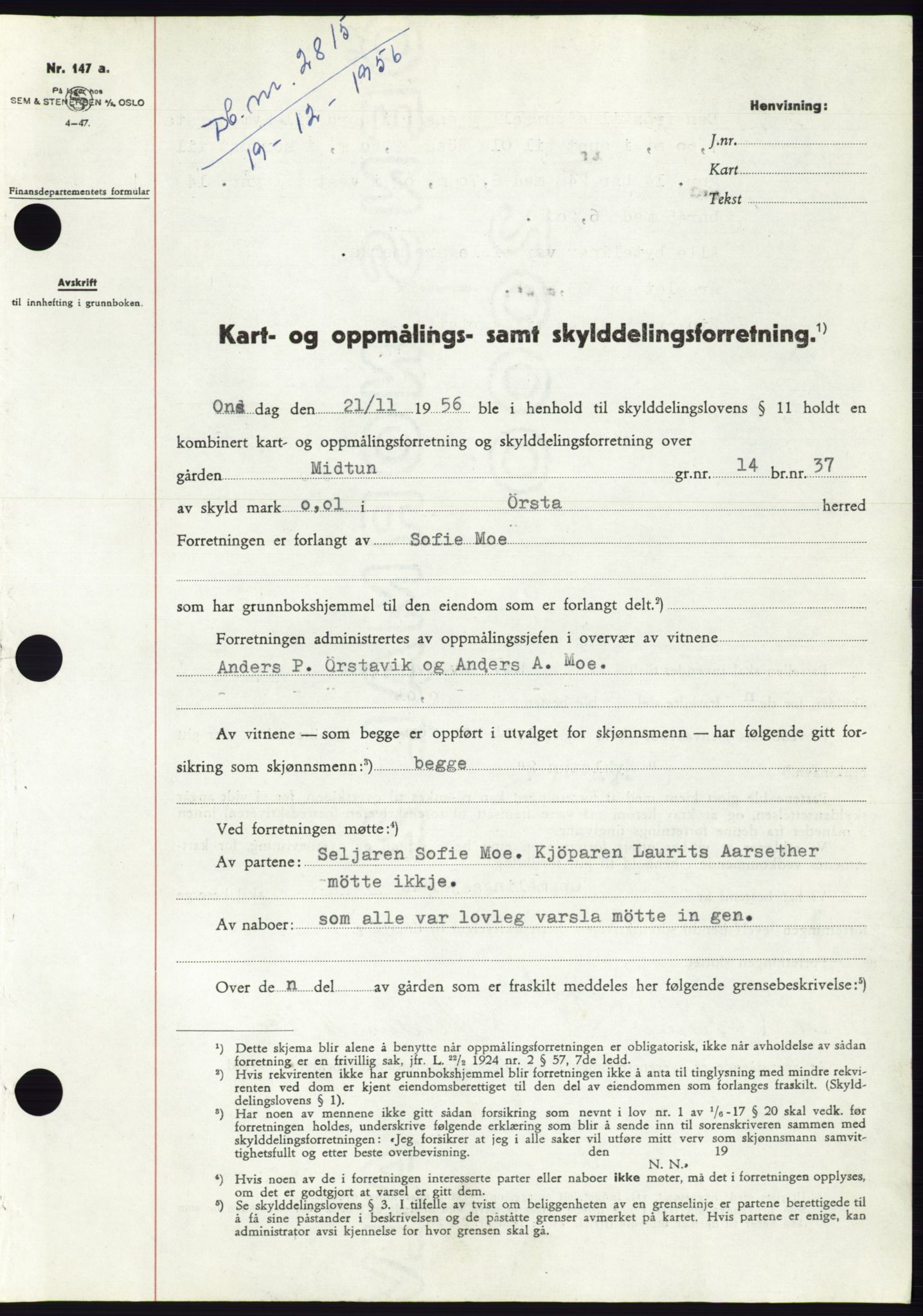 Søre Sunnmøre sorenskriveri, AV/SAT-A-4122/1/2/2C/L0105: Mortgage book no. 31A, 1956-1957, Diary no: : 2815/1956