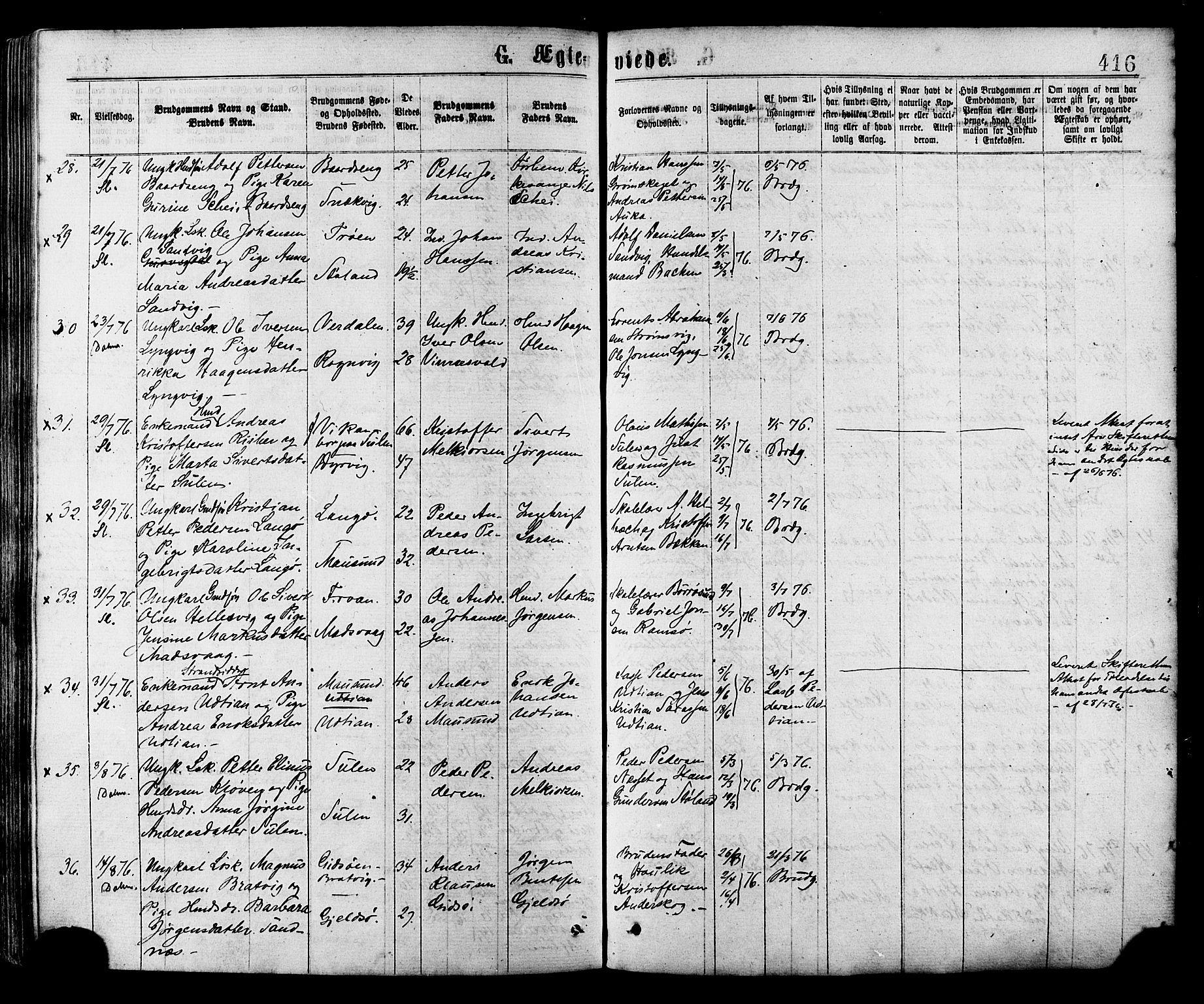 Ministerialprotokoller, klokkerbøker og fødselsregistre - Sør-Trøndelag, AV/SAT-A-1456/634/L0532: Parish register (official) no. 634A08, 1871-1881, p. 416