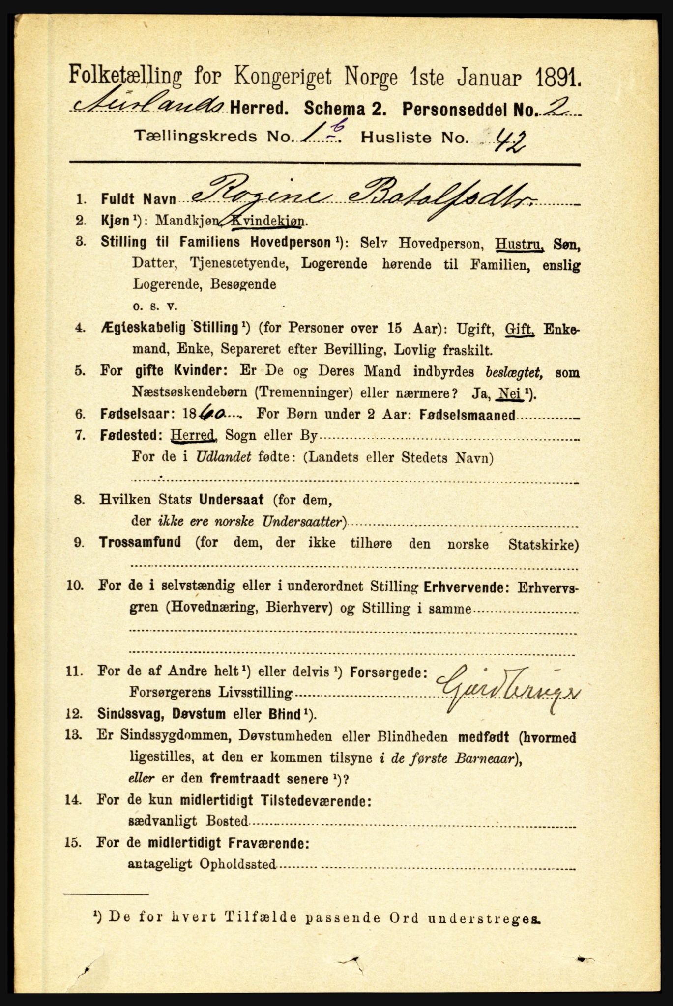 RA, 1891 census for 1421 Aurland, 1891, p. 409