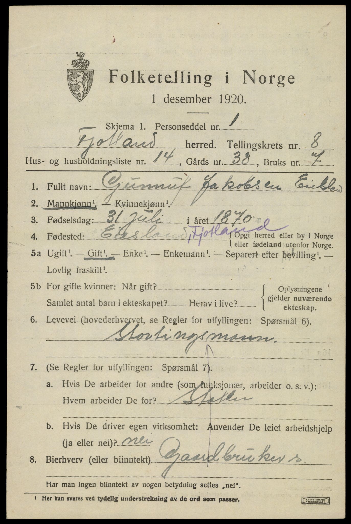 SAK, 1920 census for Fjotland, 1920, p. 2142