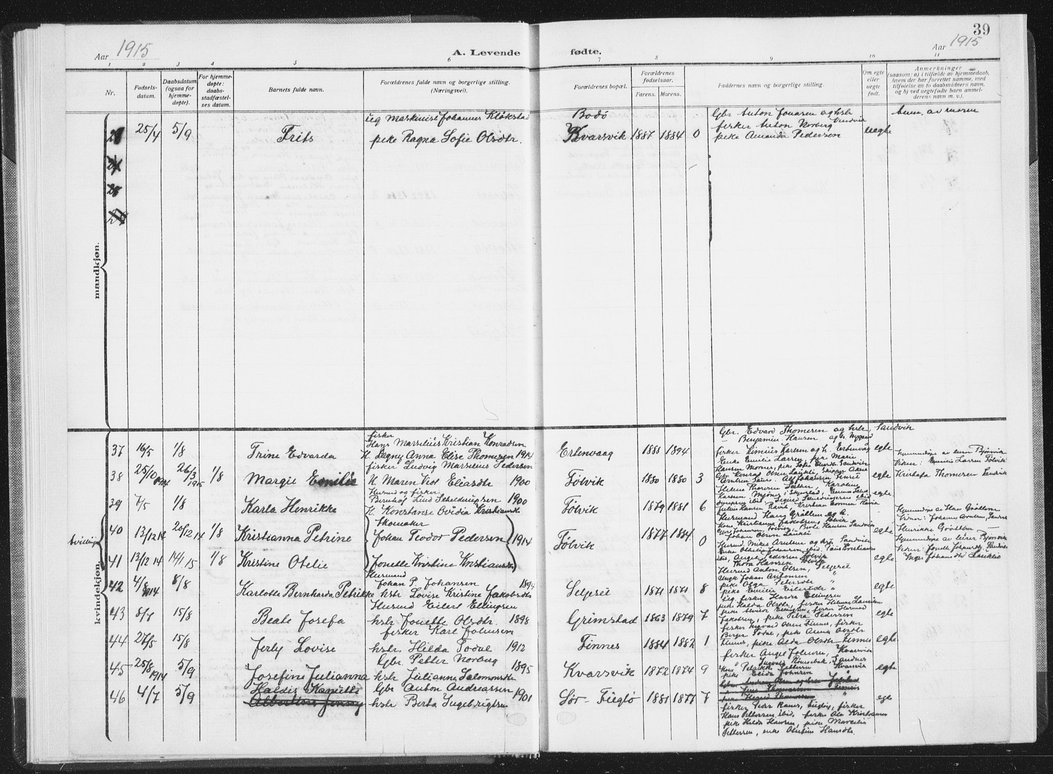 Ministerialprotokoller, klokkerbøker og fødselsregistre - Nordland, AV/SAT-A-1459/805/L0104: Parish register (official) no. 805A09, 1909-1926, p. 39