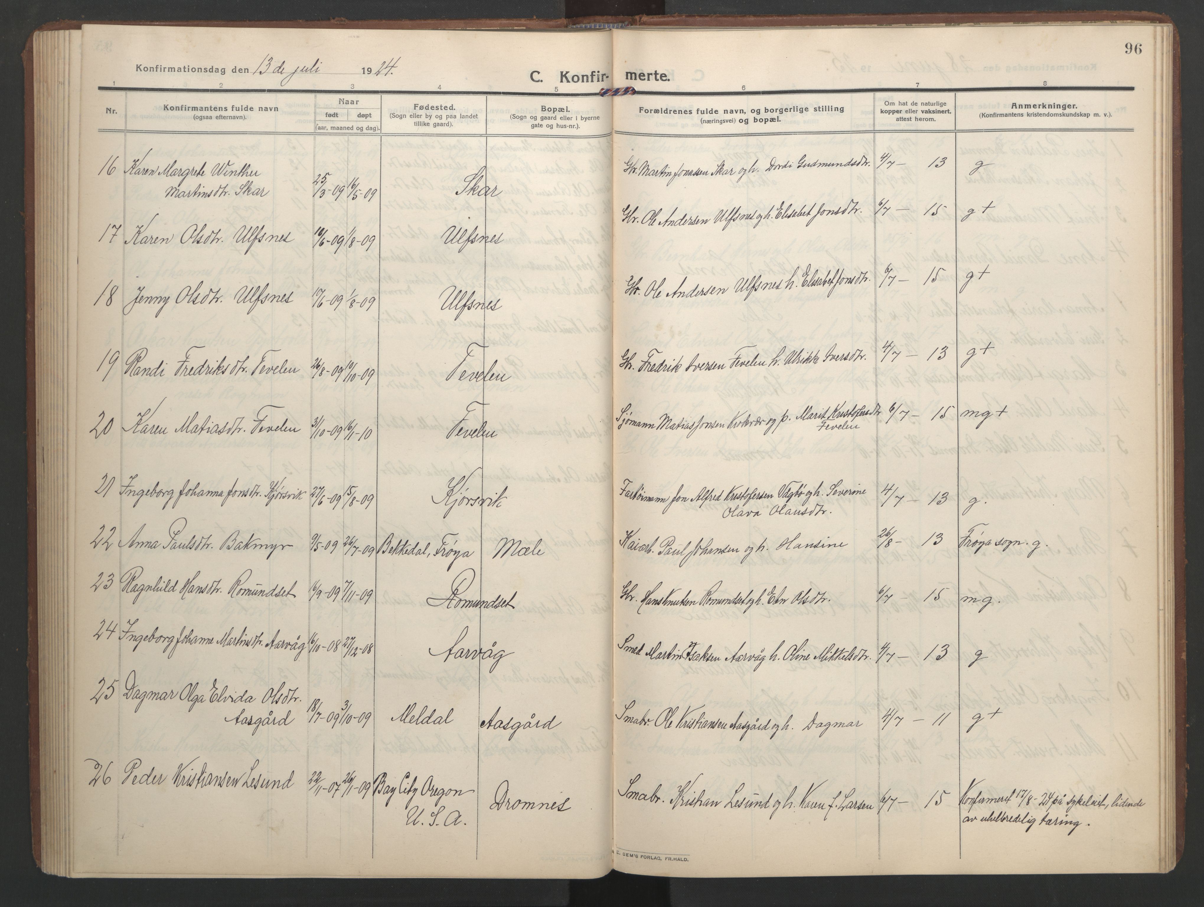 Ministerialprotokoller, klokkerbøker og fødselsregistre - Møre og Romsdal, AV/SAT-A-1454/579/L0919: Parish register (copy) no. 579C01, 1909-1957, p. 96