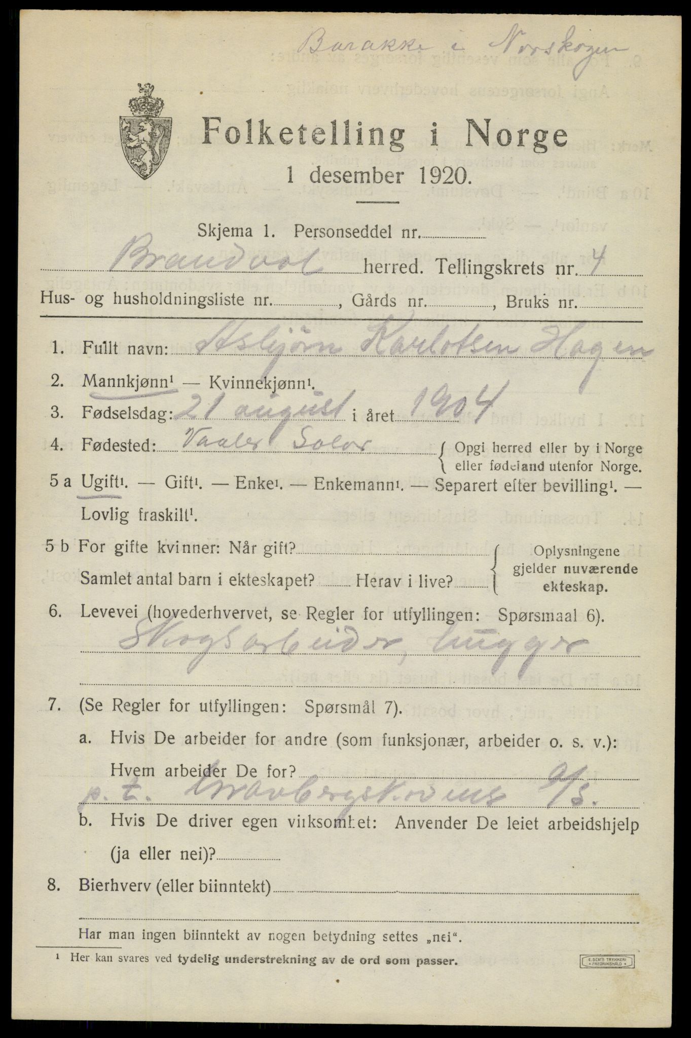 SAH, 1920 census for Brandval, 1920, p. 4360