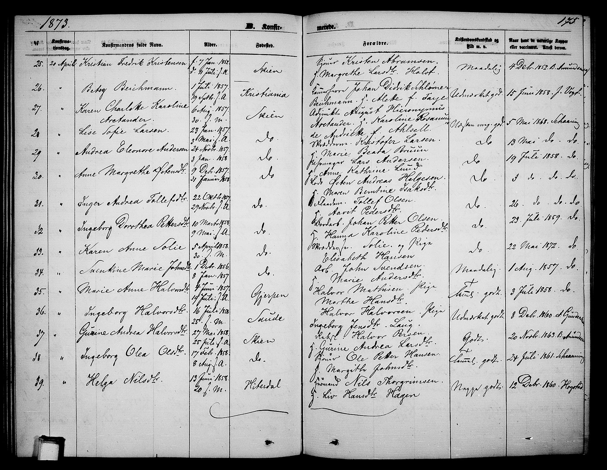 Skien kirkebøker, SAKO/A-302/G/Ga/L0005: Parish register (copy) no. 5, 1868-1880, p. 175