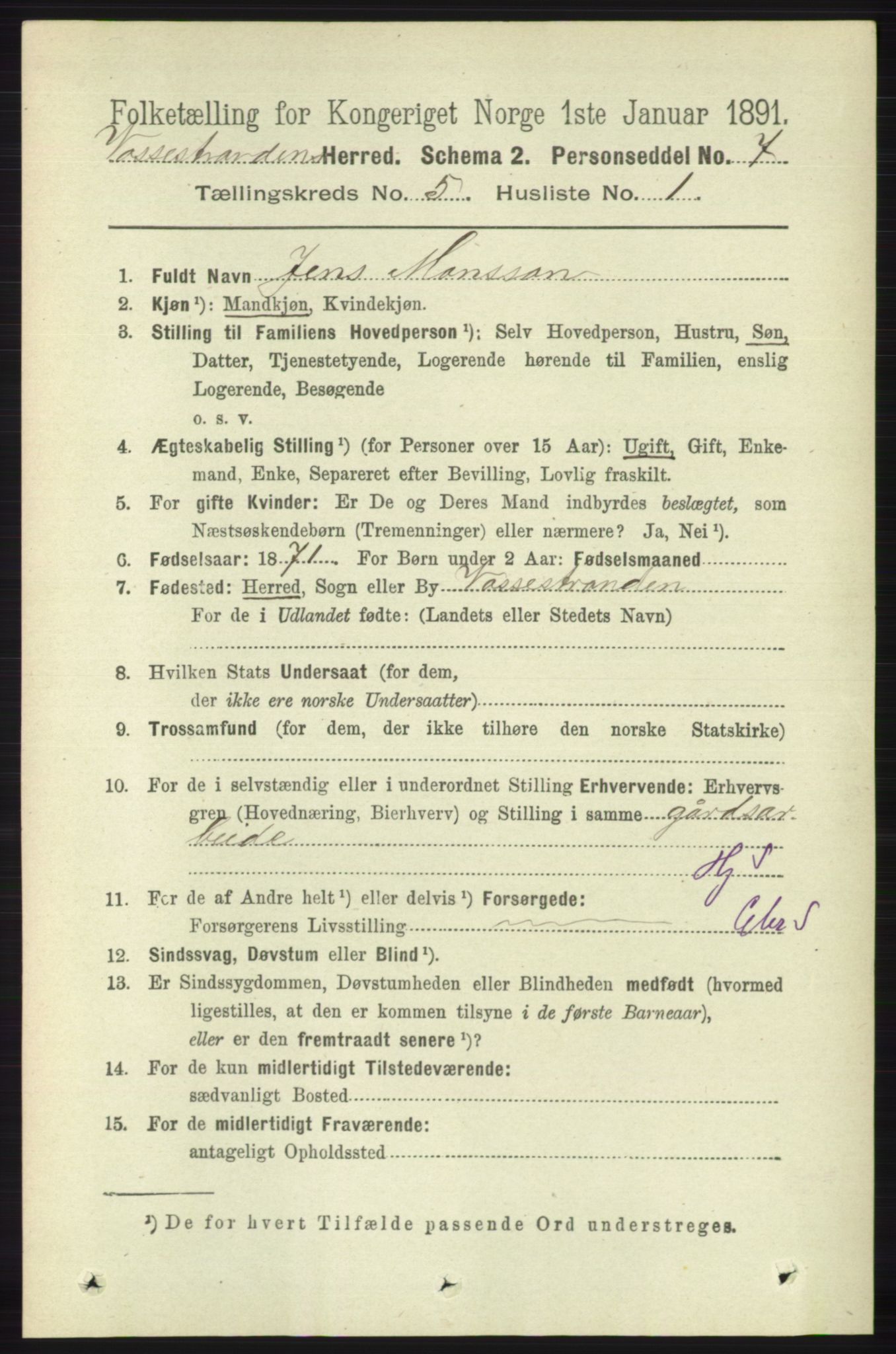 RA, 1891 census for 1236 Vossestrand, 1891, p. 1902