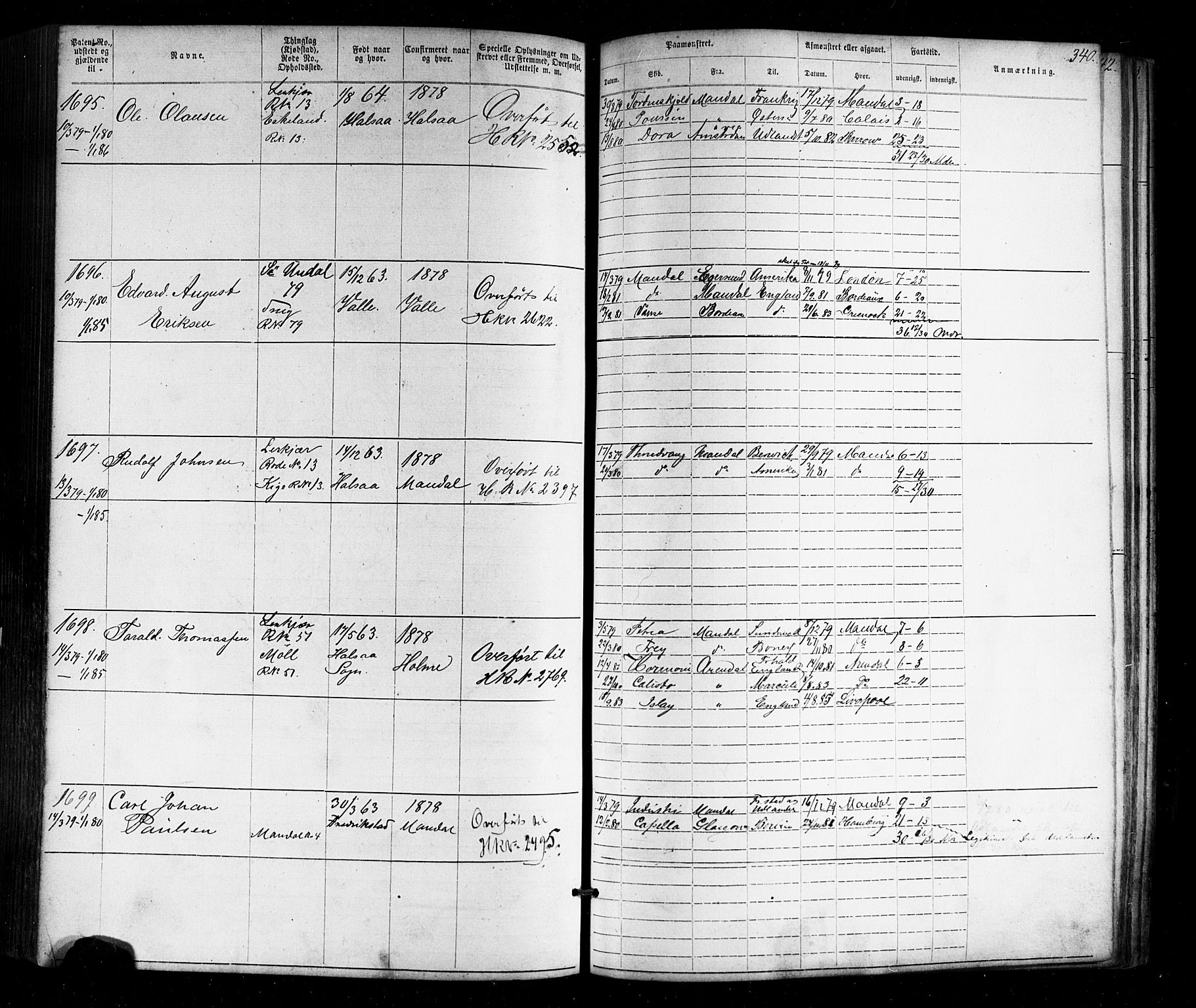 Mandal mønstringskrets, SAK/2031-0016/F/Fa/L0005: Annotasjonsrulle nr 1-1909 med register, Y-15, 1868-1880, p. 385