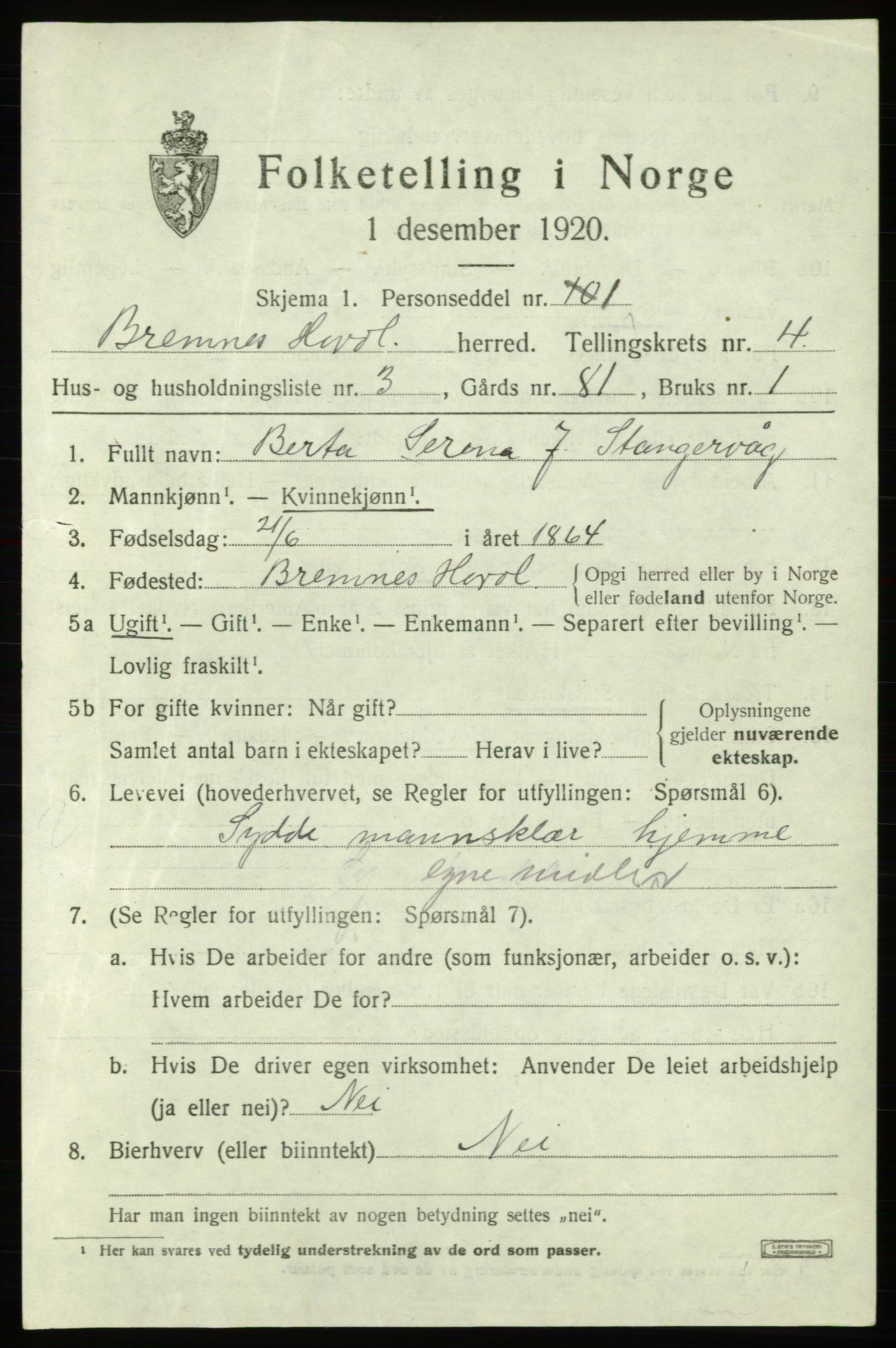 SAB, 1920 census for Bremnes, 1920, p. 1824