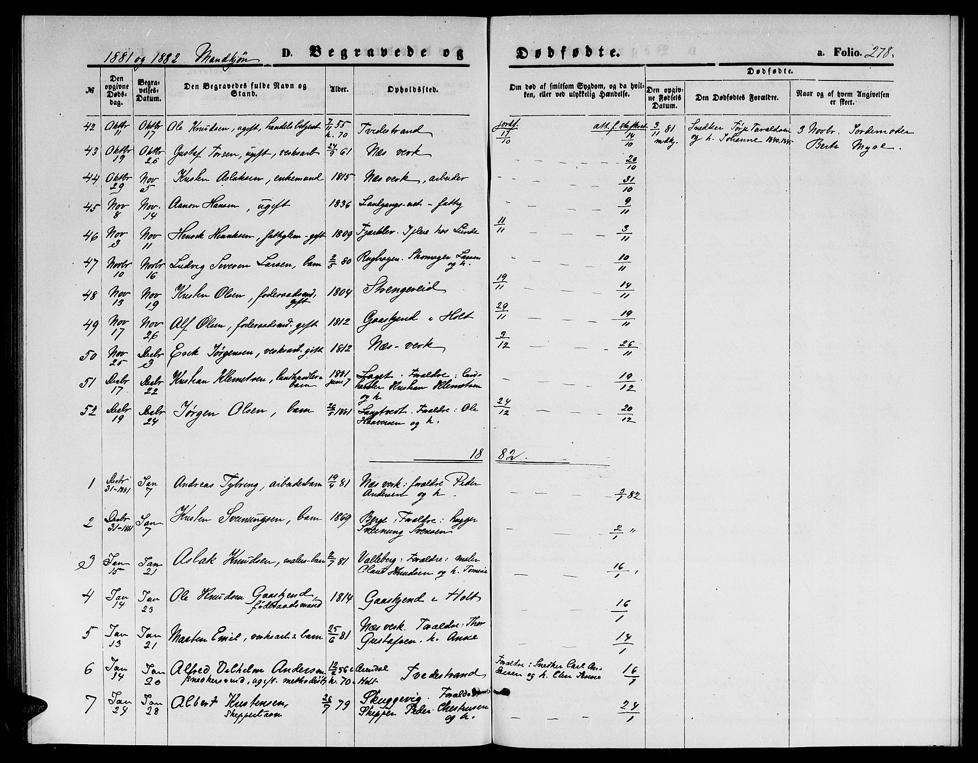 Holt sokneprestkontor, AV/SAK-1111-0021/F/Fb/L0009: Parish register (copy) no. B 9, 1871-1883, p. 278