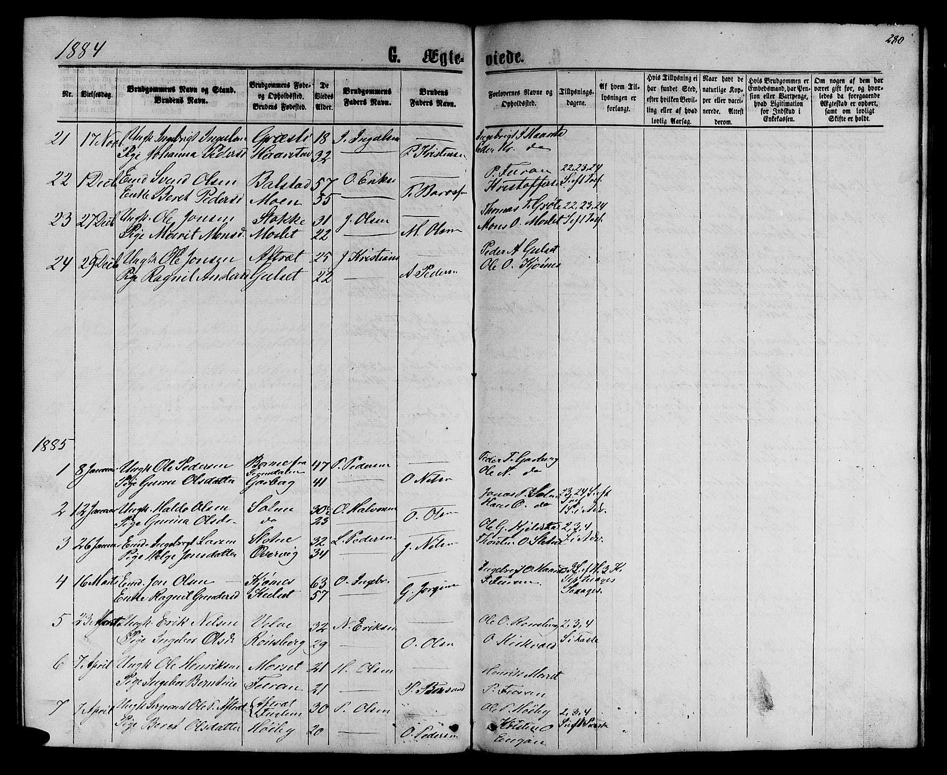 Ministerialprotokoller, klokkerbøker og fødselsregistre - Sør-Trøndelag, SAT/A-1456/695/L1156: Parish register (copy) no. 695C07, 1869-1888, p. 280
