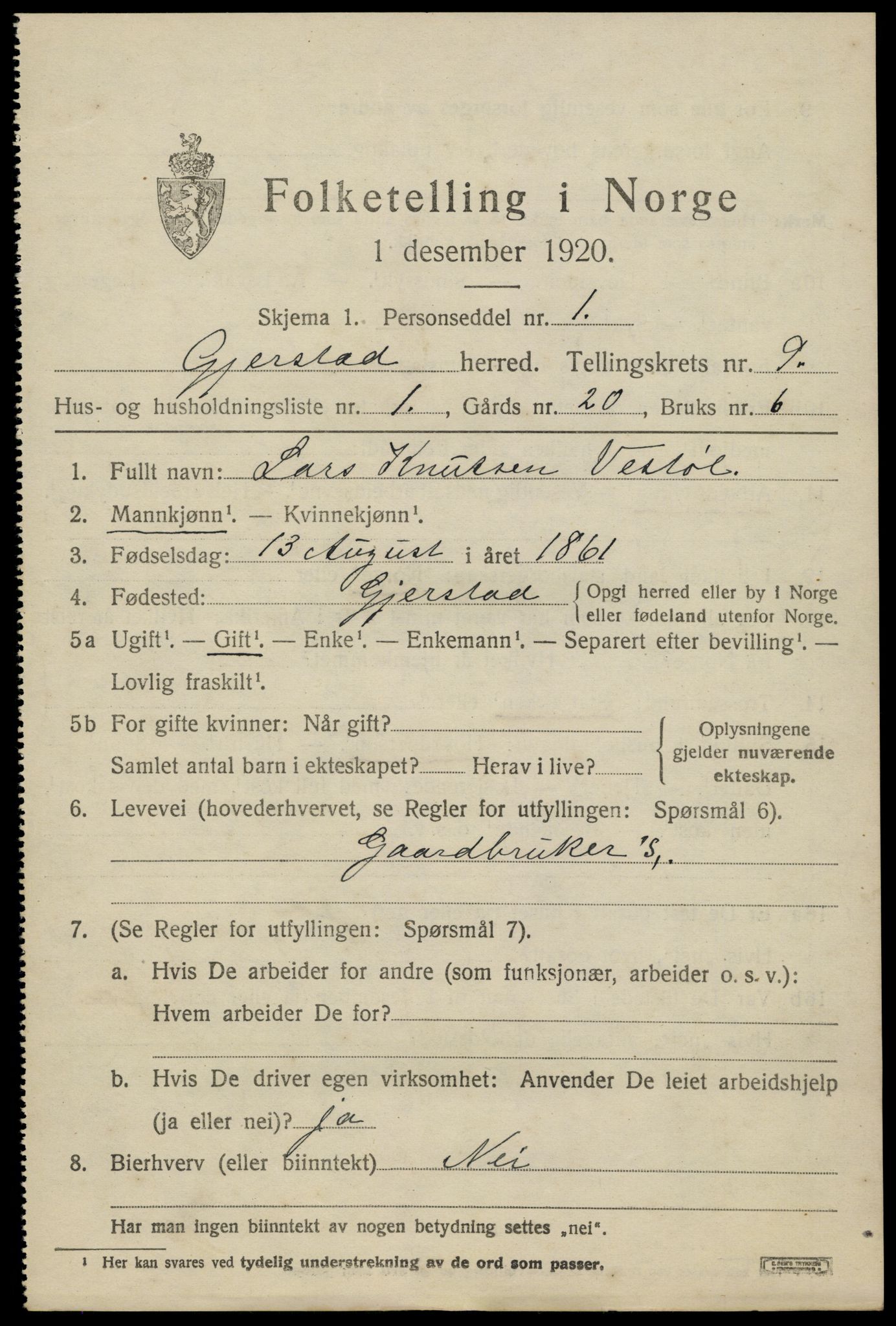 SAK, 1920 census for Gjerstad, 1920, p. 5739