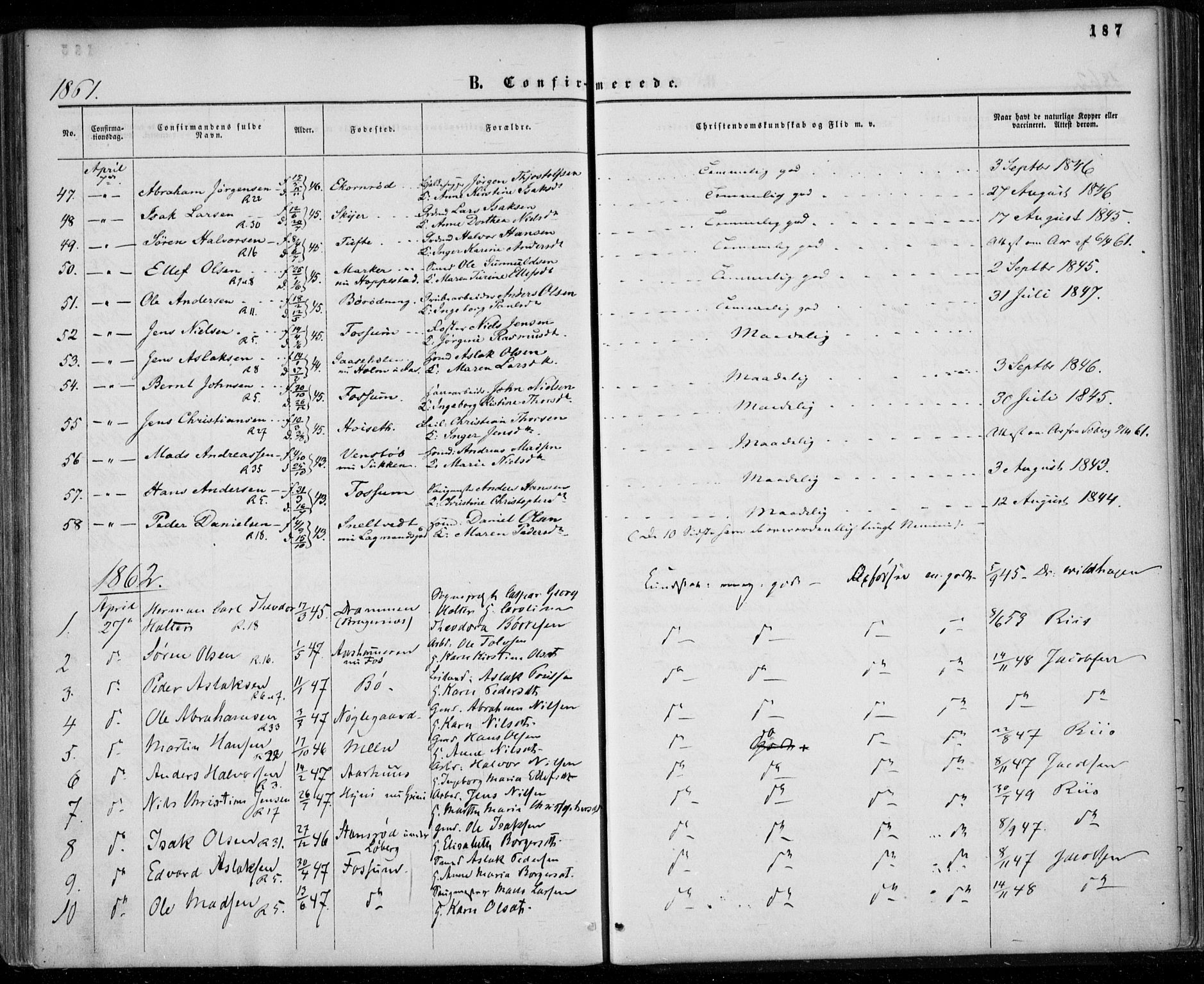 Gjerpen kirkebøker, SAKO/A-265/F/Fa/L0008a: Parish register (official) no. I 8A, 1857-1871, p. 187