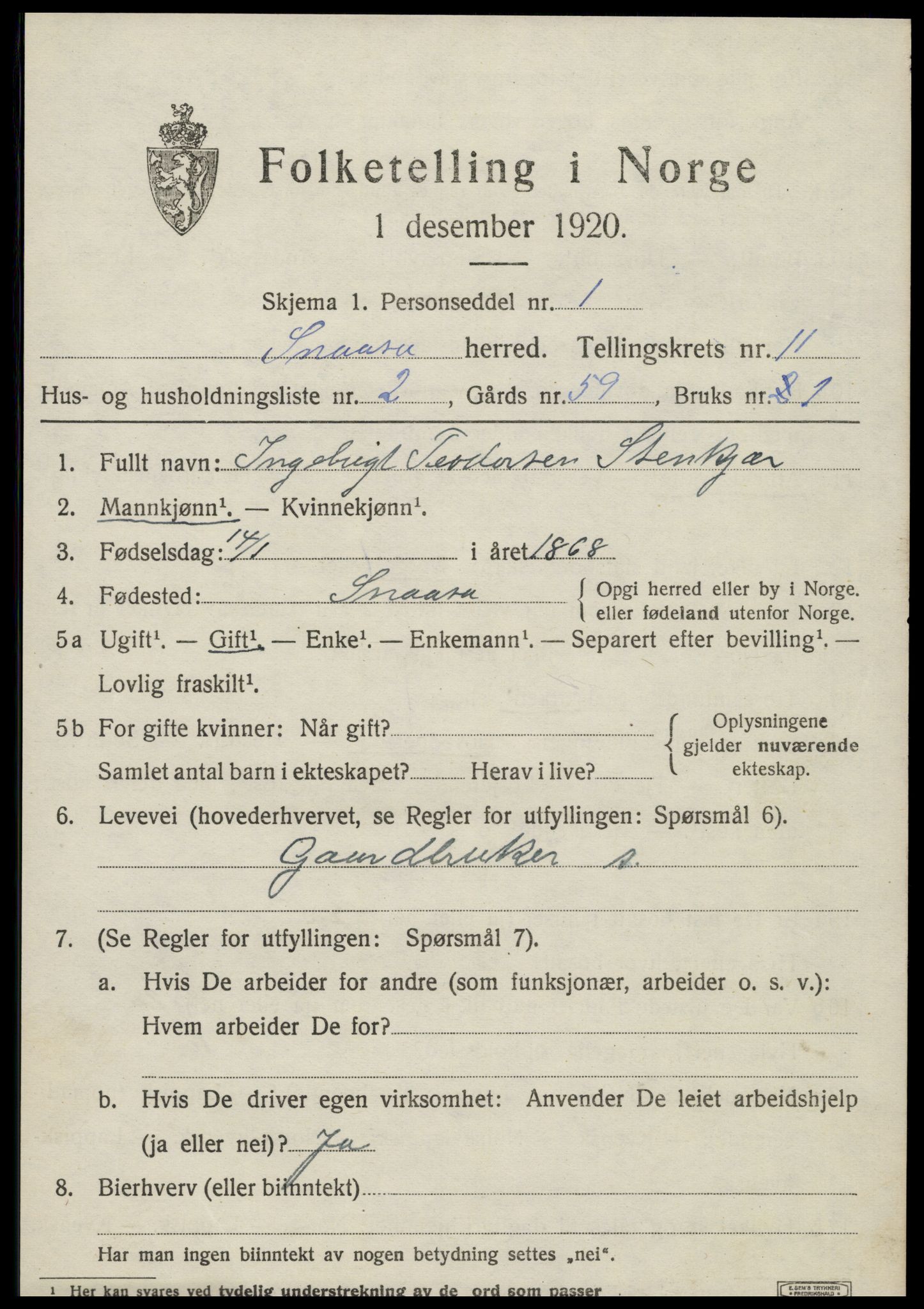 SAT, 1920 census for Snåsa, 1920, p. 5006