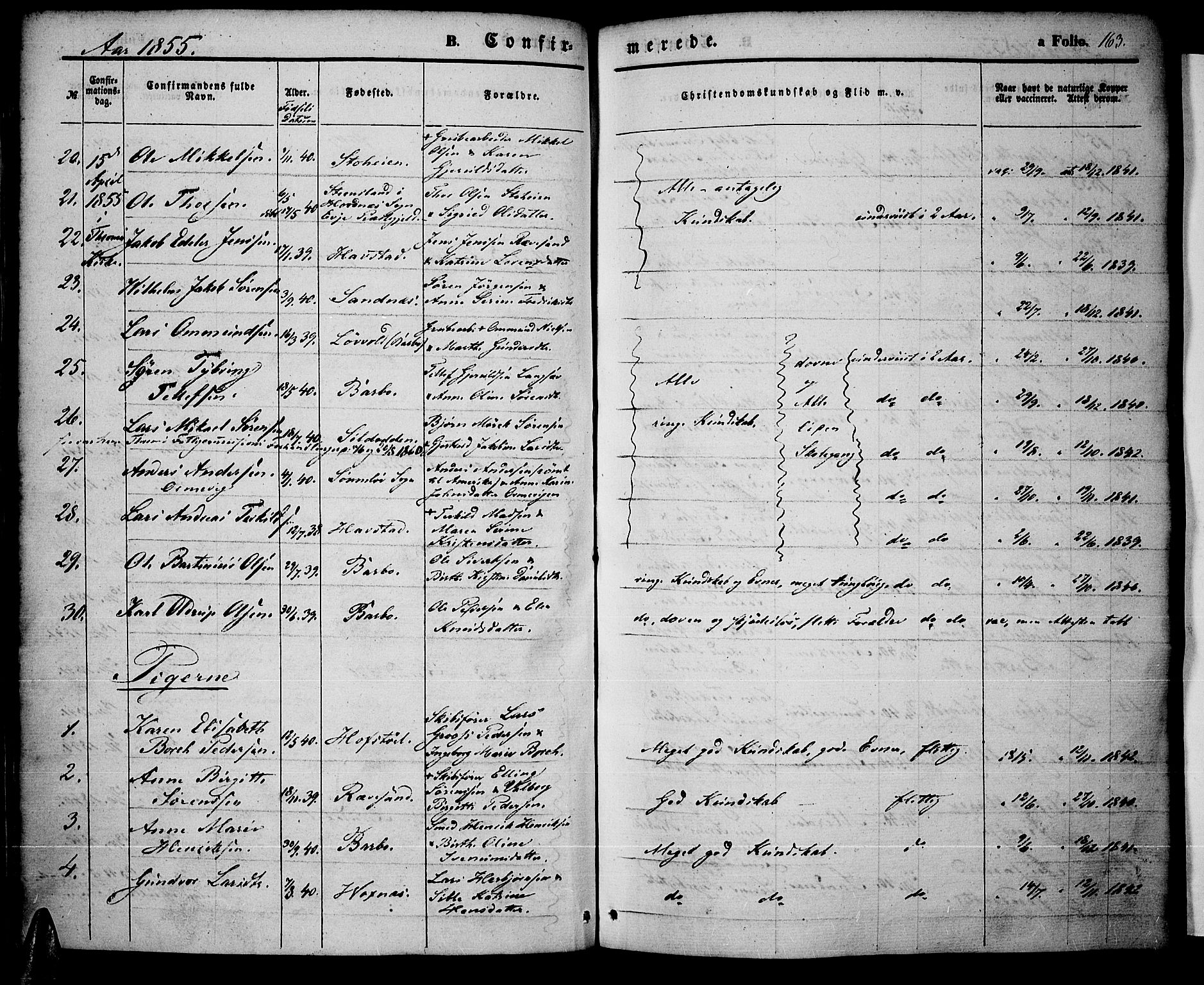 Tromøy sokneprestkontor, SAK/1111-0041/F/Fa/L0005: Parish register (official) no. A 5, 1847-1856, p. 163