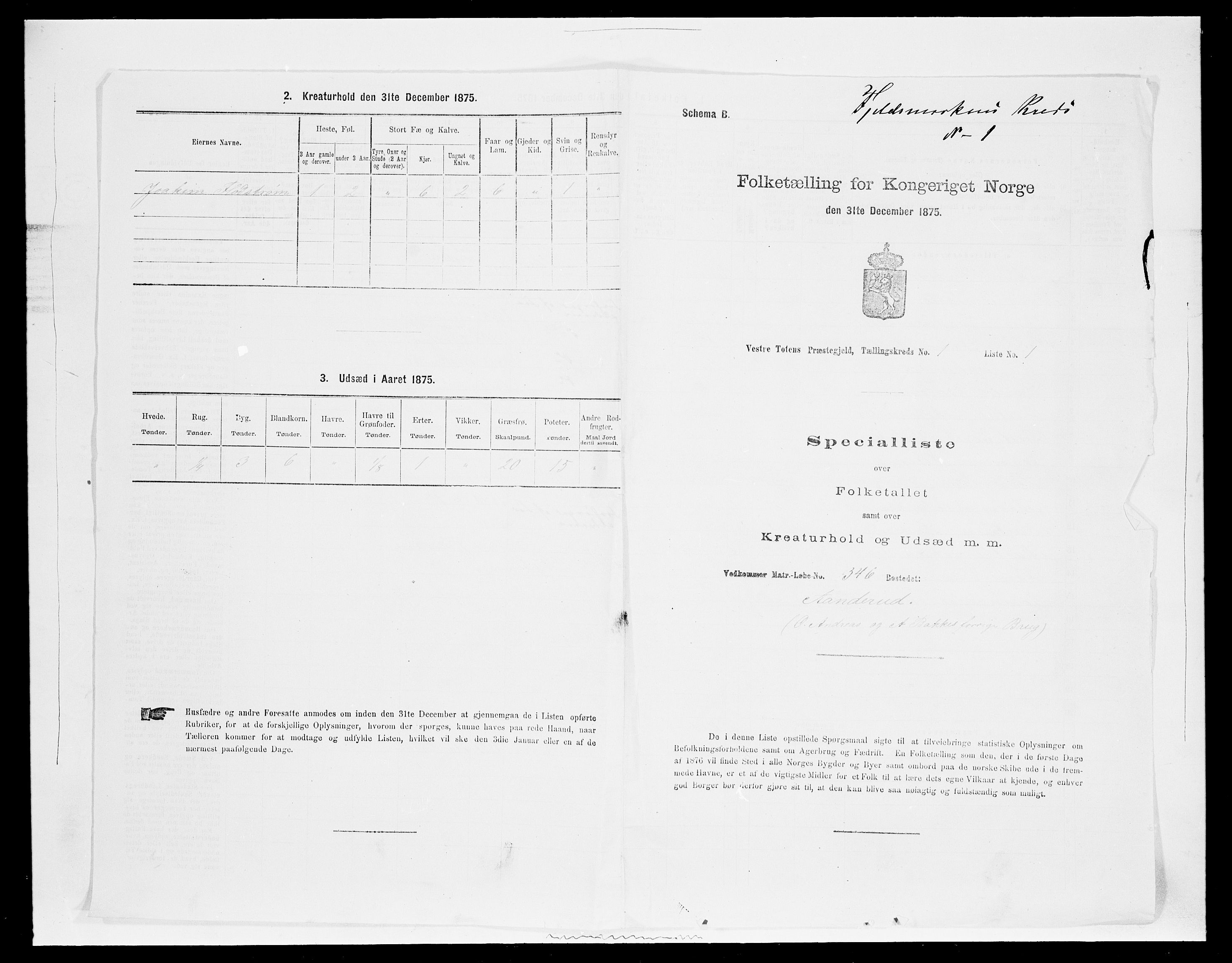 SAH, 1875 census for 0529P Vestre Toten, 1875, p. 176