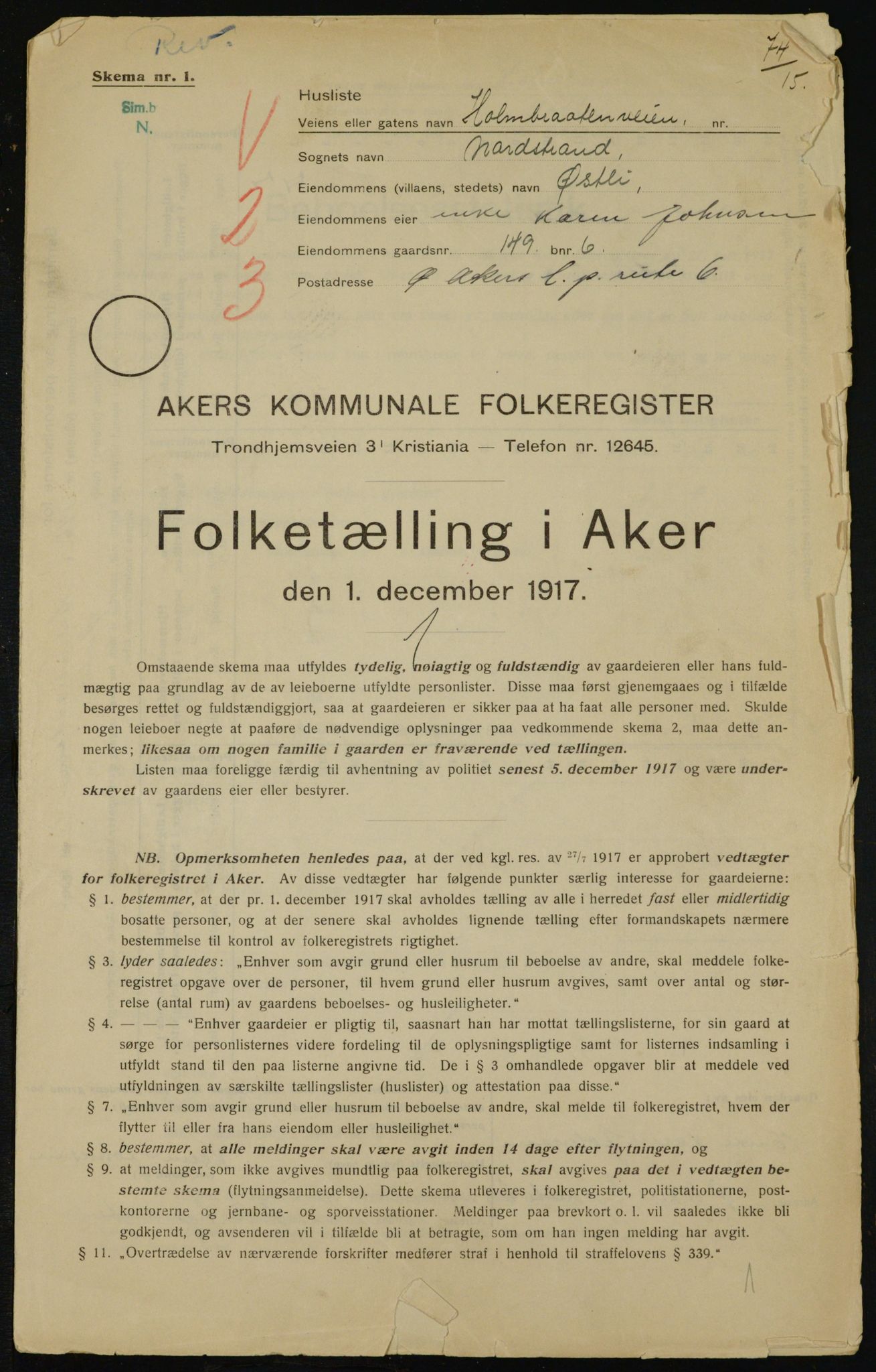 OBA, Municipal Census 1917 for Aker, 1917, p. 22952