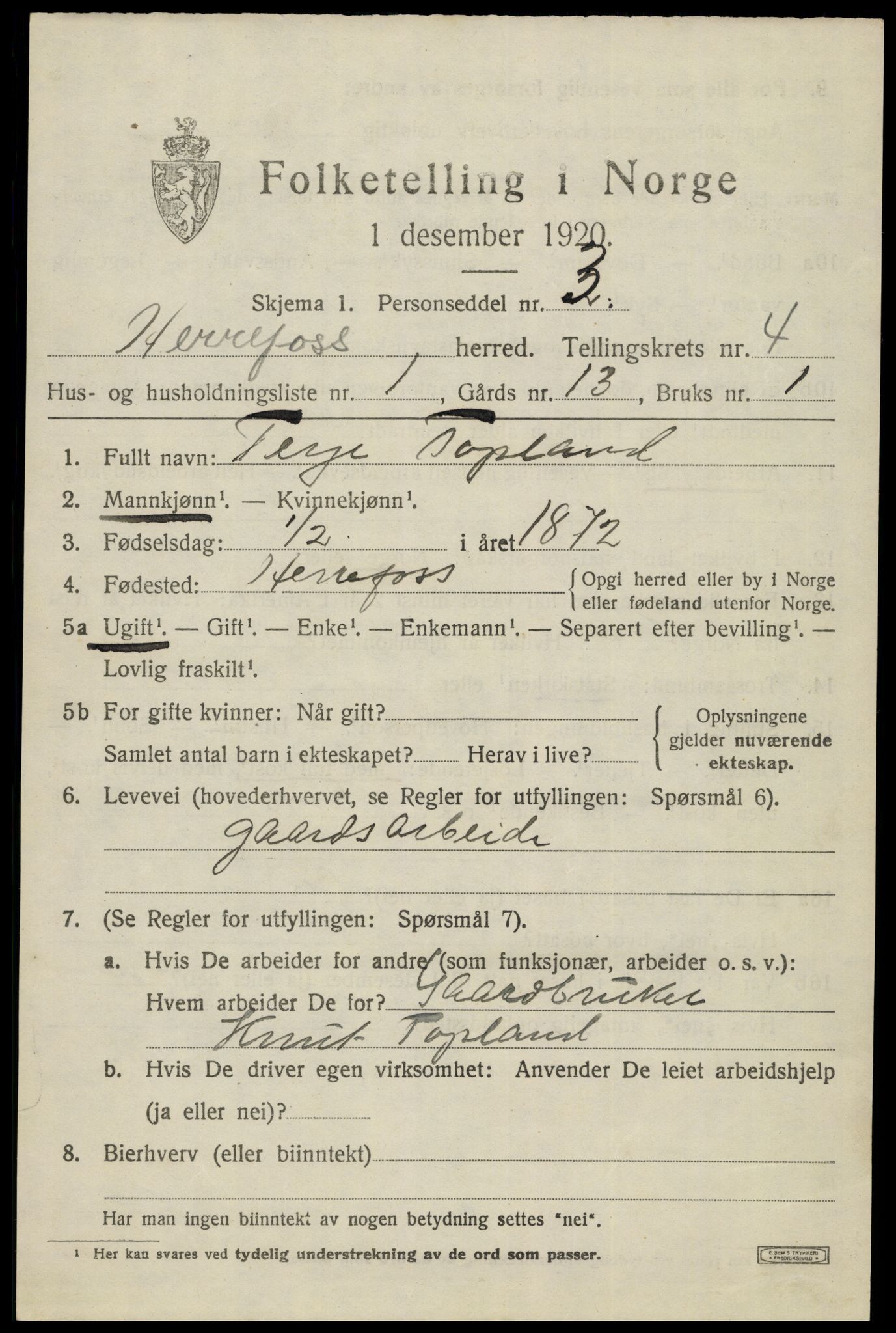 SAK, 1920 census for Herefoss, 1920, p. 782