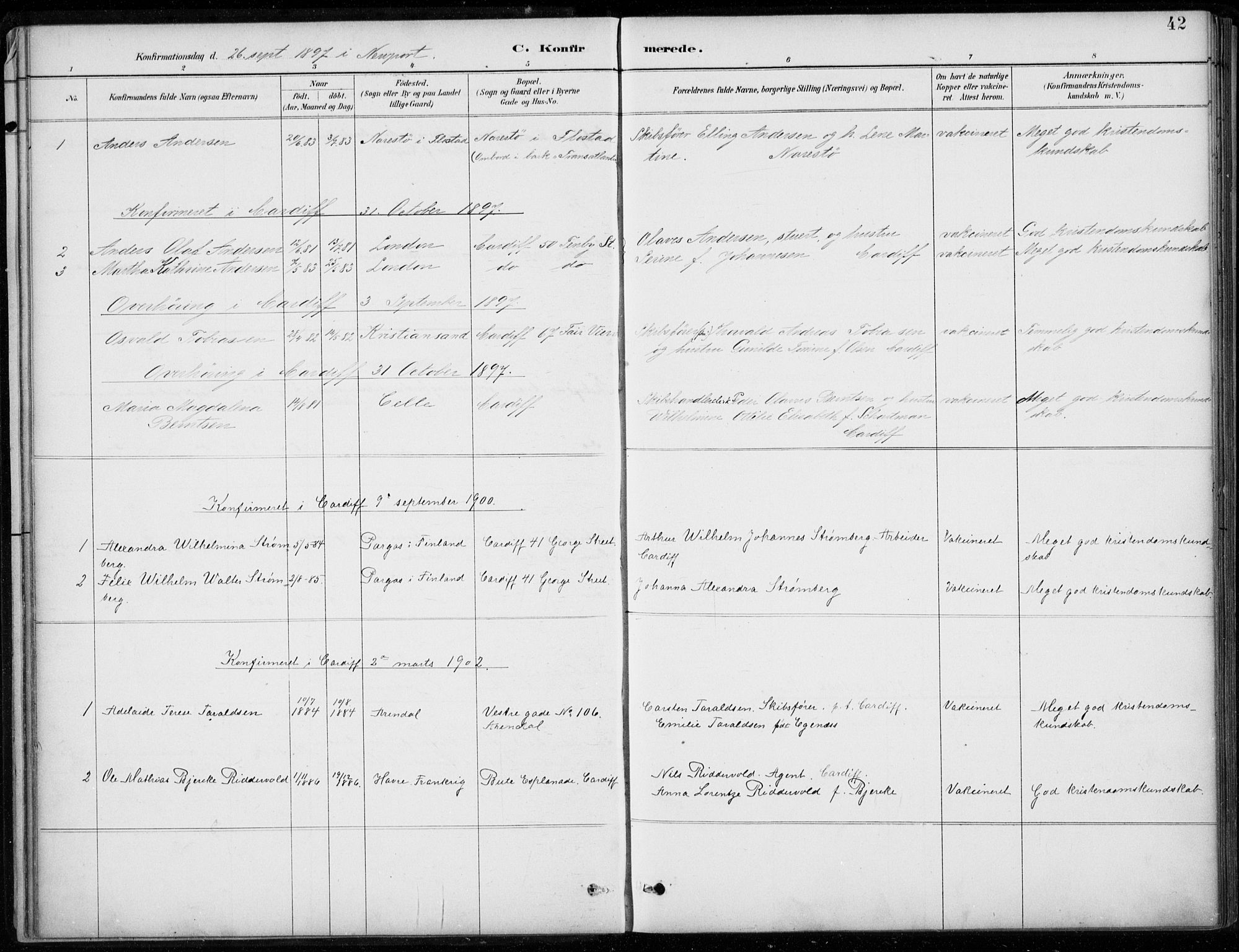 Den norske sjømannsmisjon i utlandet/Bristolhavnene(Cardiff-Swansea), AV/SAB-SAB/PA-0102/H/Ha/Haa/L0002: Parish register (official) no. A 2, 1887-1932, p. 42