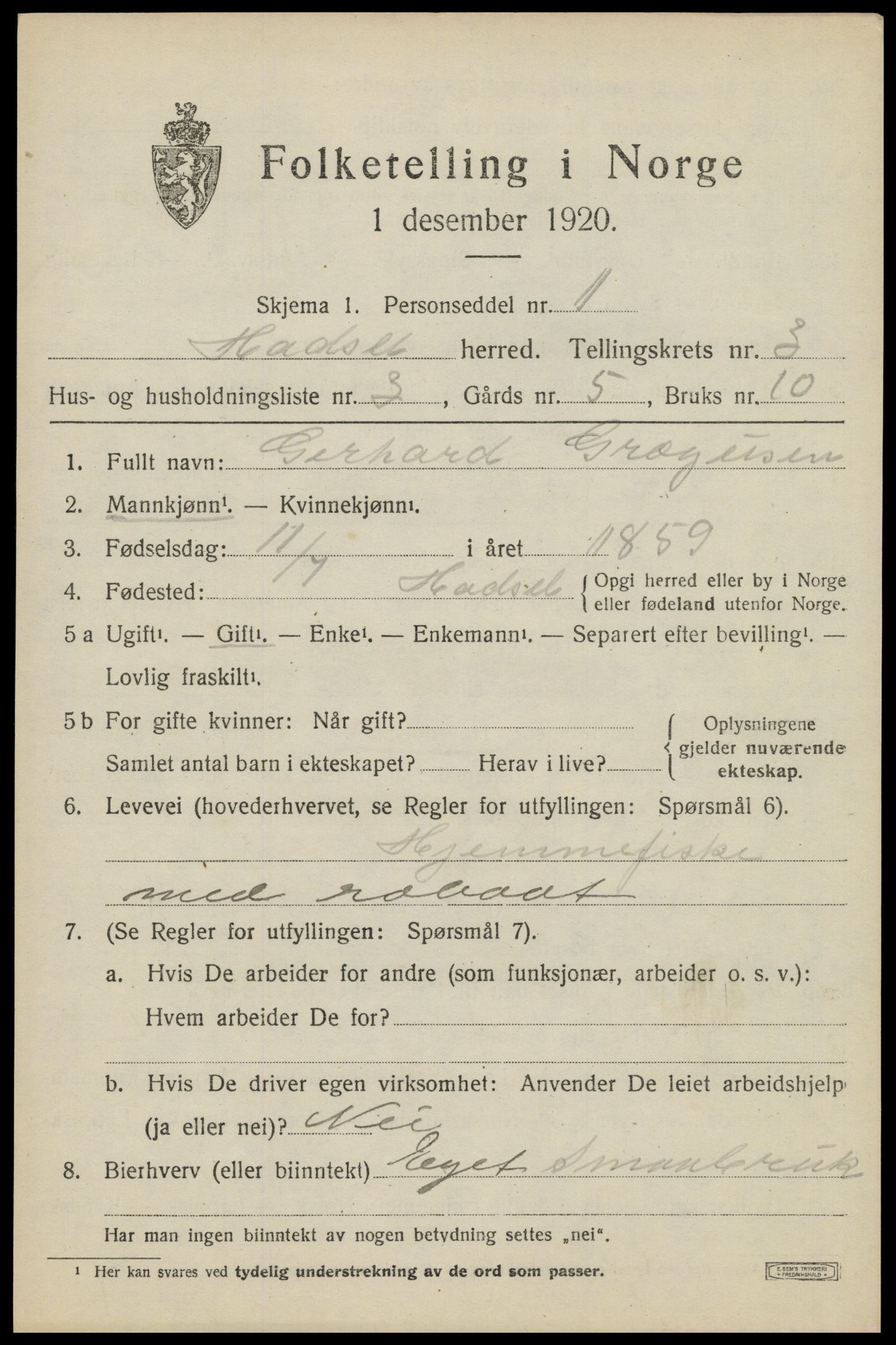 SAT, 1920 census for Hadsel, 1920, p. 5080