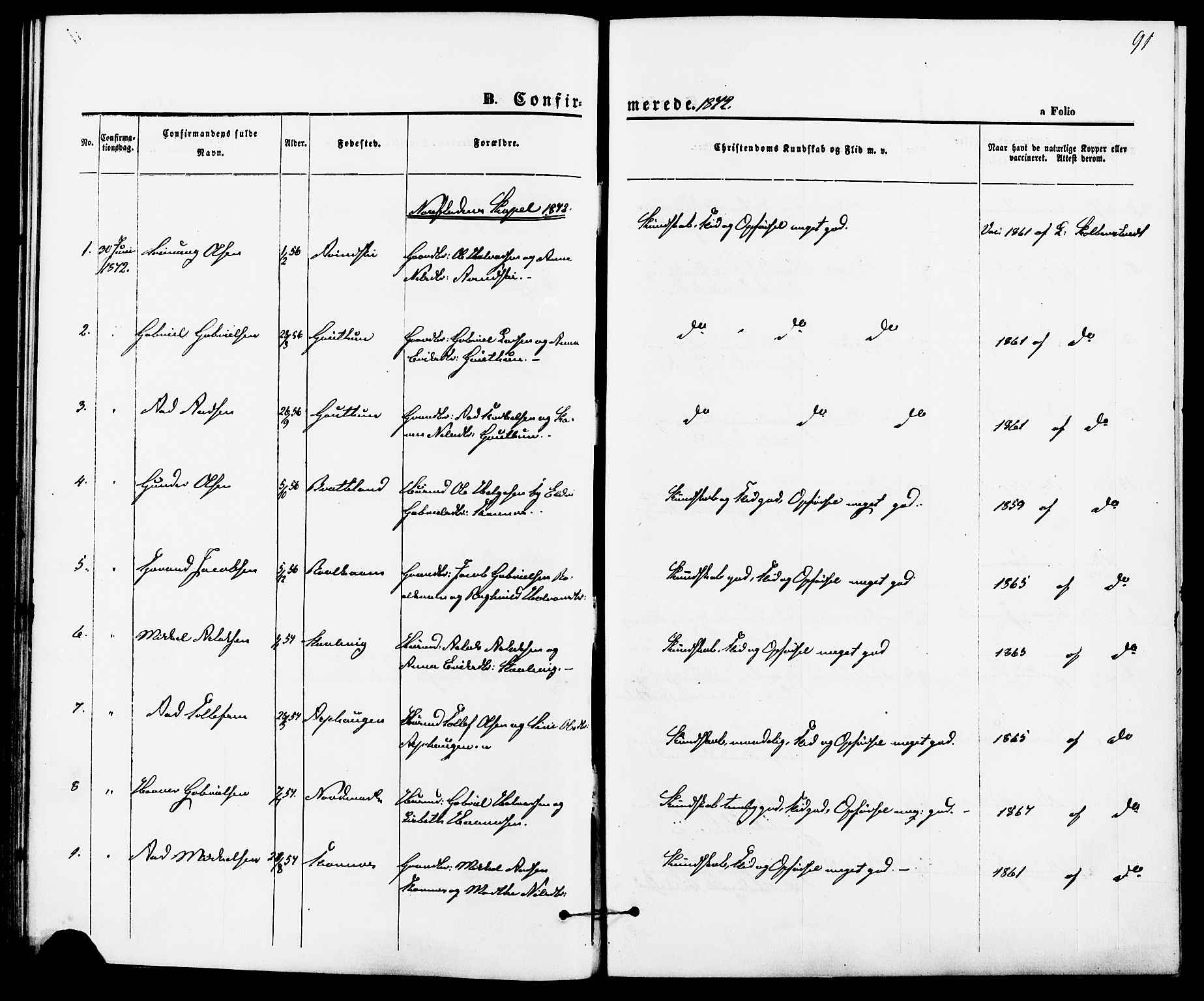 Suldal sokneprestkontor, AV/SAST-A-101845/01/IV/L0010: Parish register (official) no. A 10, 1869-1878, p. 91