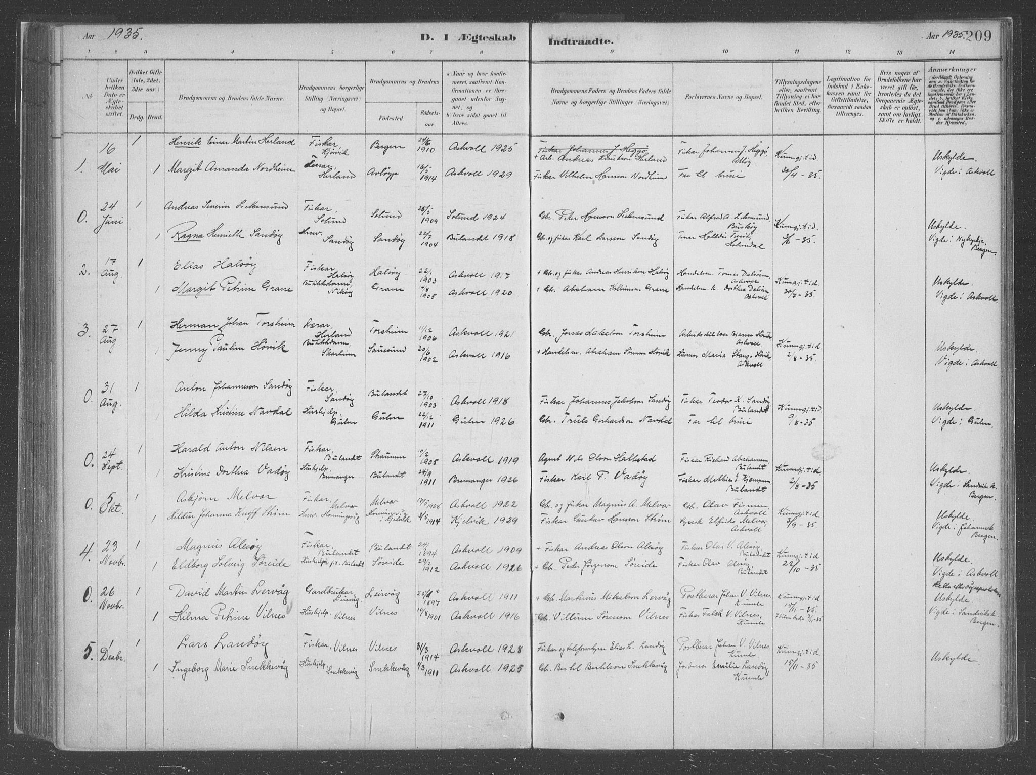 Askvoll sokneprestembete, SAB/A-79501/H/Haa/Haac/L0001: Parish register (official) no. C  1, 1879-1922, p. 209