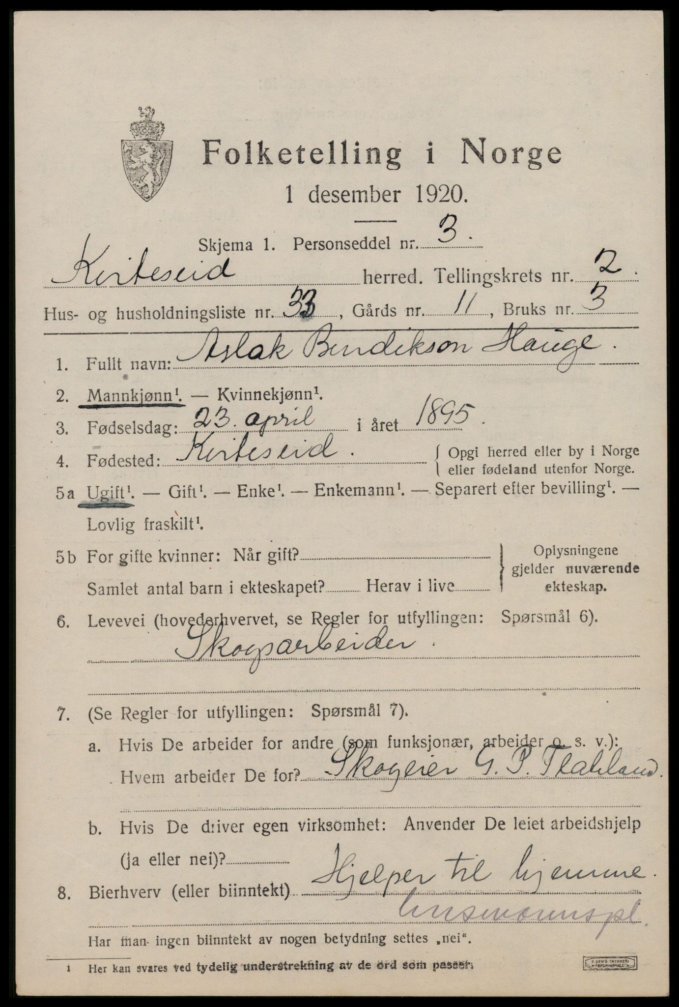 SAKO, 1920 census for Kviteseid, 1920, p. 2385