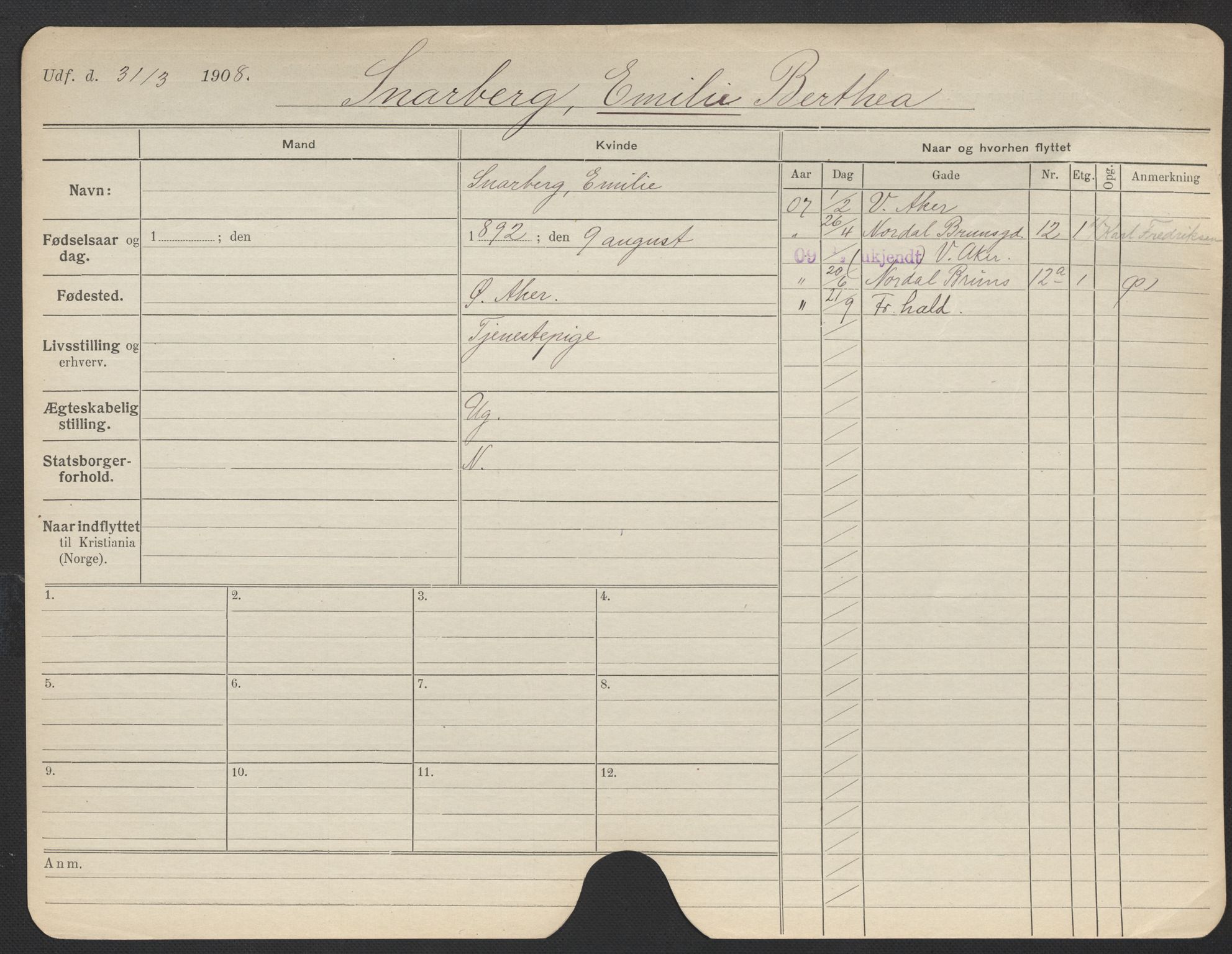 Oslo folkeregister, Registerkort, AV/SAO-A-11715/F/Fa/Fac/L0024: Kvinner, 1906-1914, p. 53a