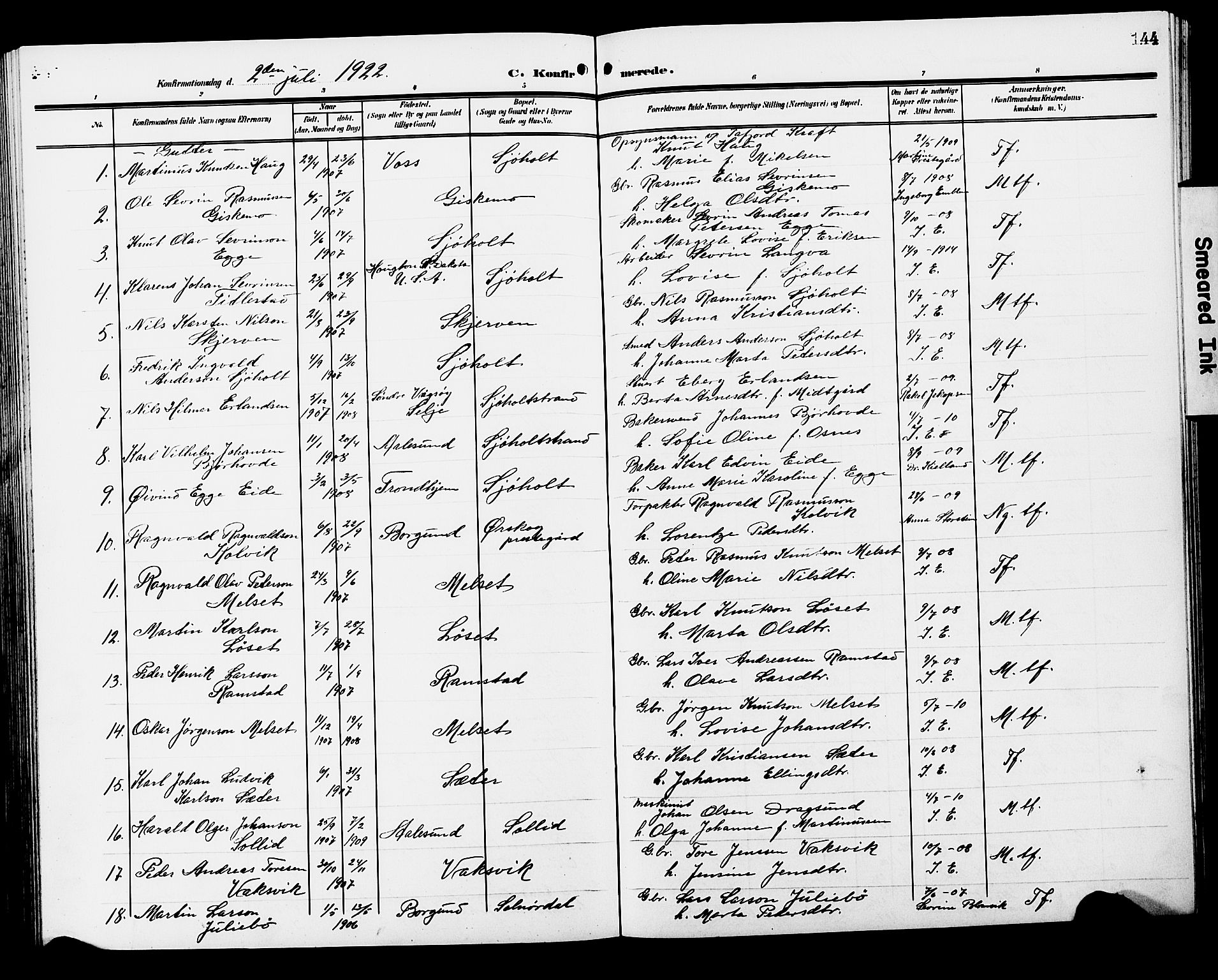 Ministerialprotokoller, klokkerbøker og fødselsregistre - Møre og Romsdal, SAT/A-1454/522/L0328: Parish register (copy) no. 522C07, 1909-1925, p. 144