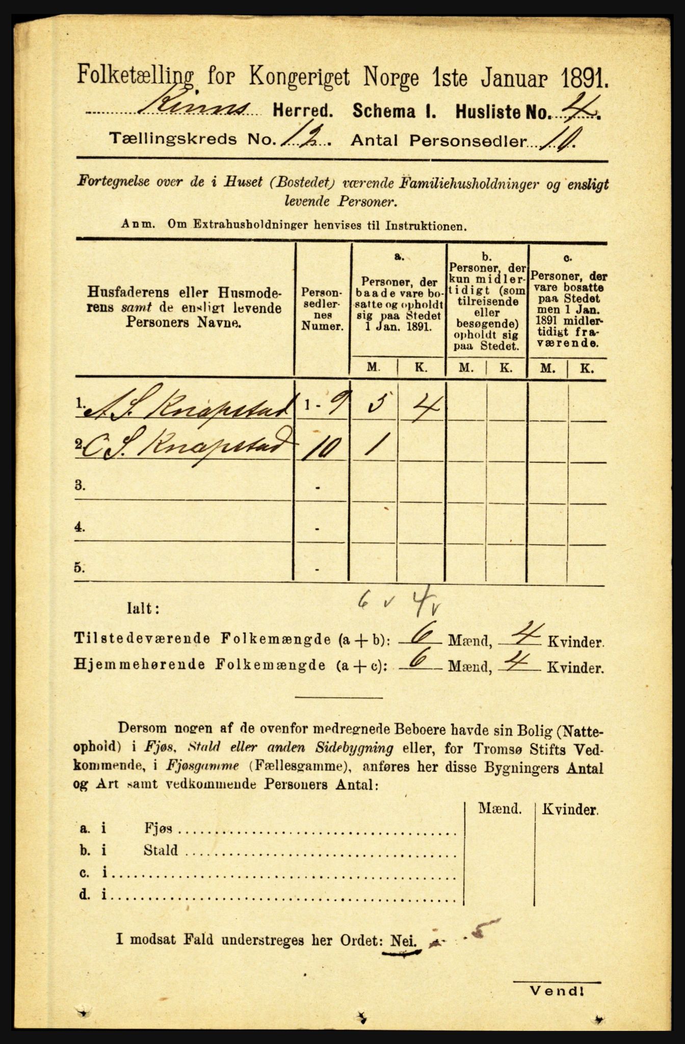 RA, 1891 census for 1437 Kinn, 1891, p. 4434