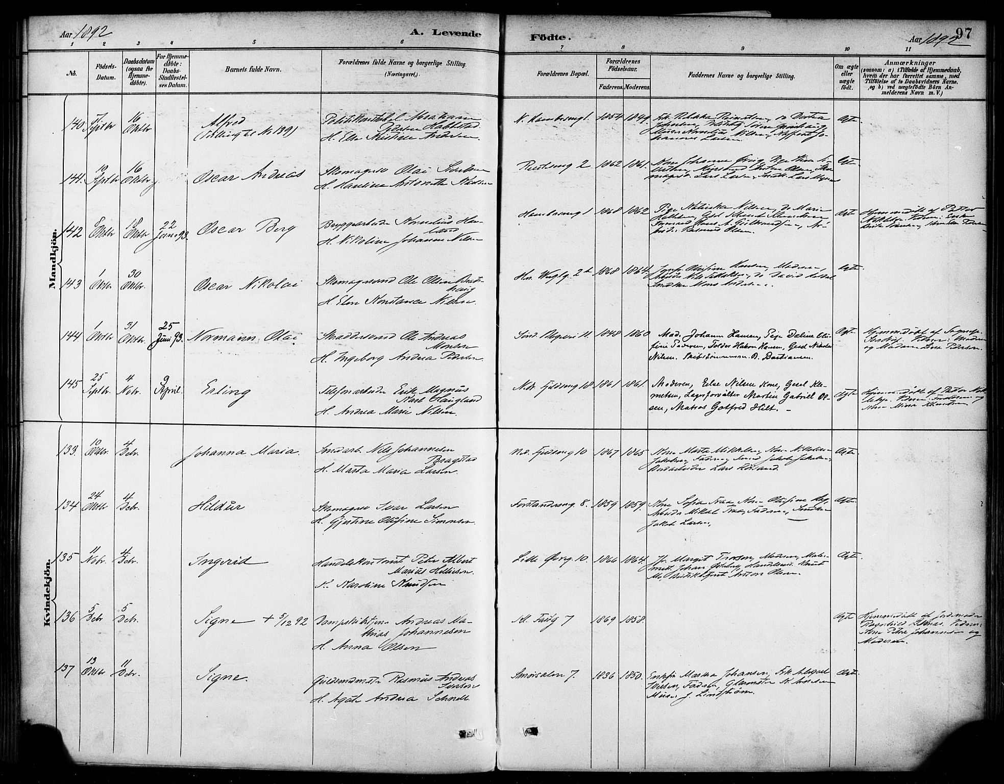 Korskirken sokneprestembete, AV/SAB-A-76101/H/Haa/L0022: Parish register (official) no. B 8, 1889-1899, p. 97