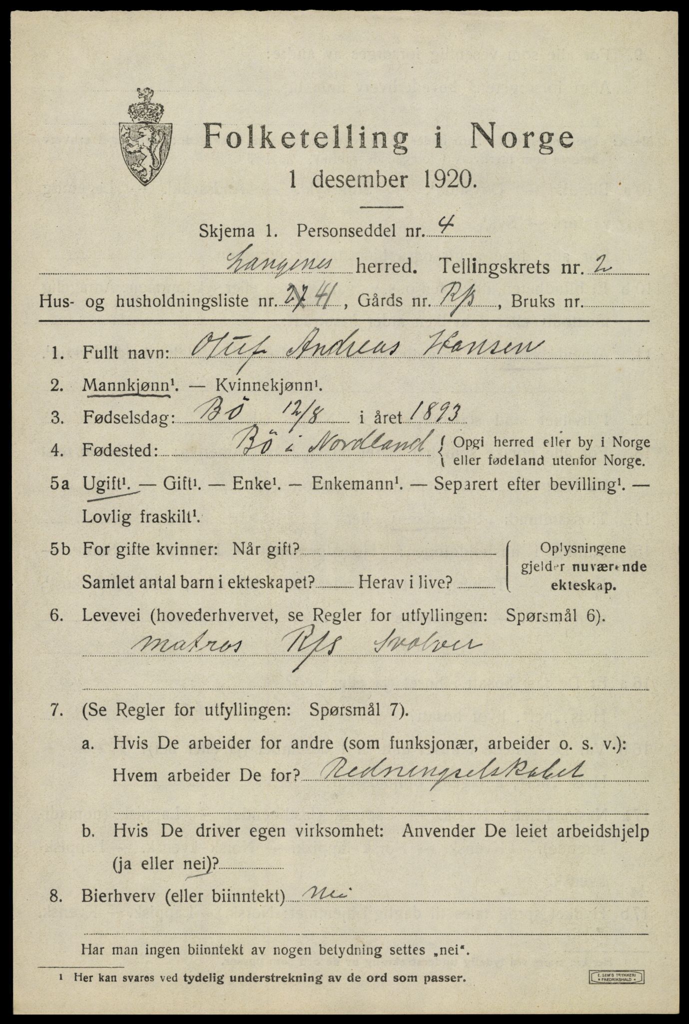 SAT, 1920 census for Langenes, 1920, p. 1144