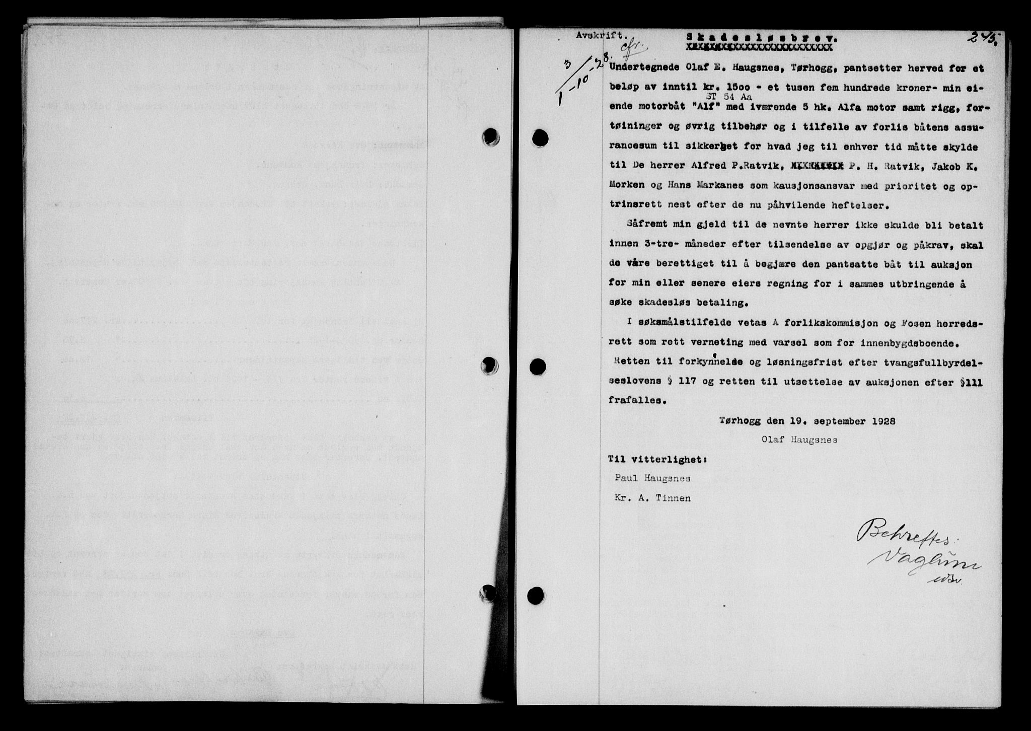 Fosen sorenskriveri, AV/SAT-A-1107/1/2/2C/L0067: Mortgage book no. 58, 1928-1929, p. 245, Deed date: 01.10.1928