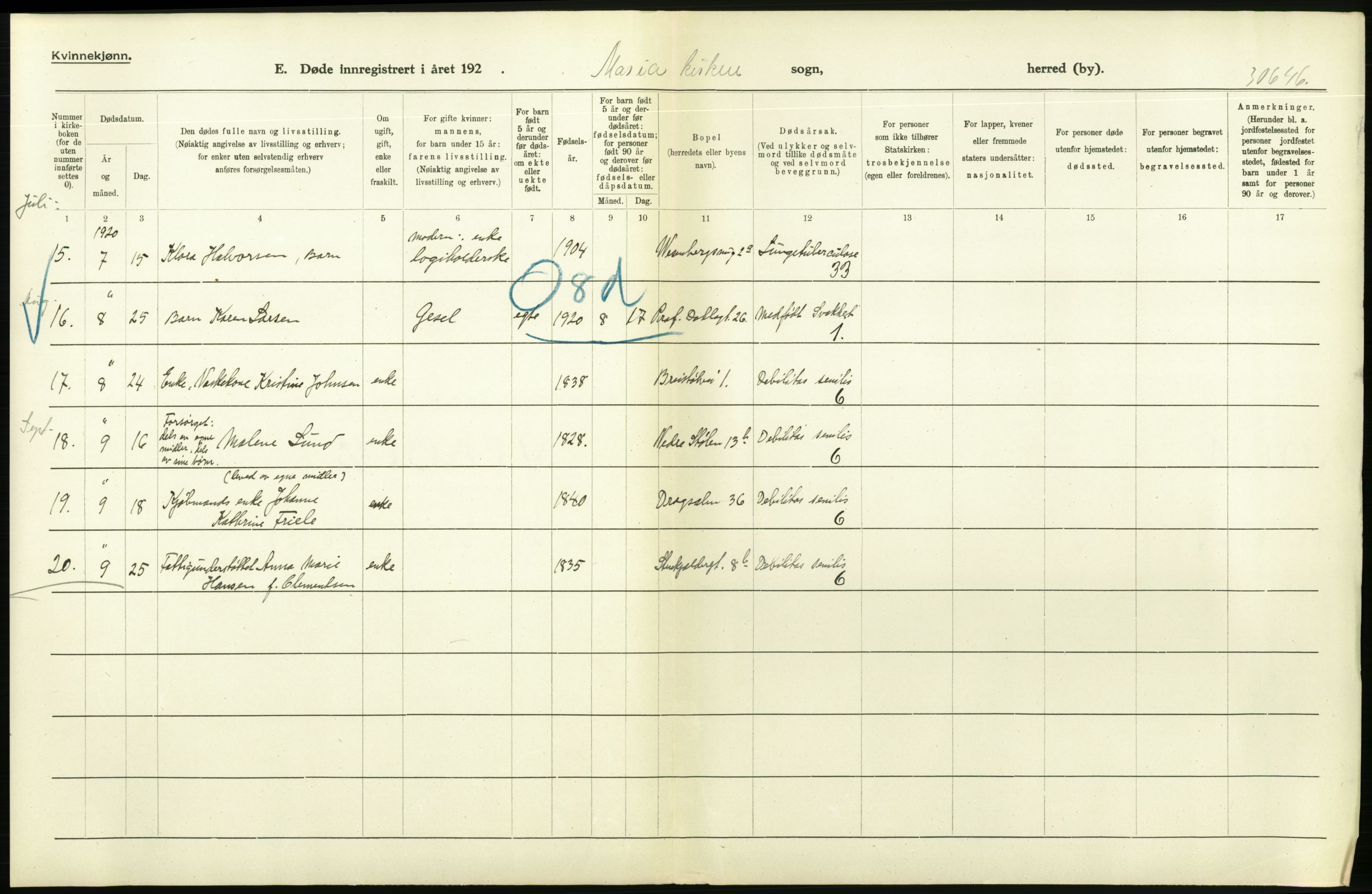 Statistisk sentralbyrå, Sosiodemografiske emner, Befolkning, AV/RA-S-2228/D/Df/Dfb/Dfbj/L0042: Bergen: Gifte, døde, dødfødte., 1920, p. 514