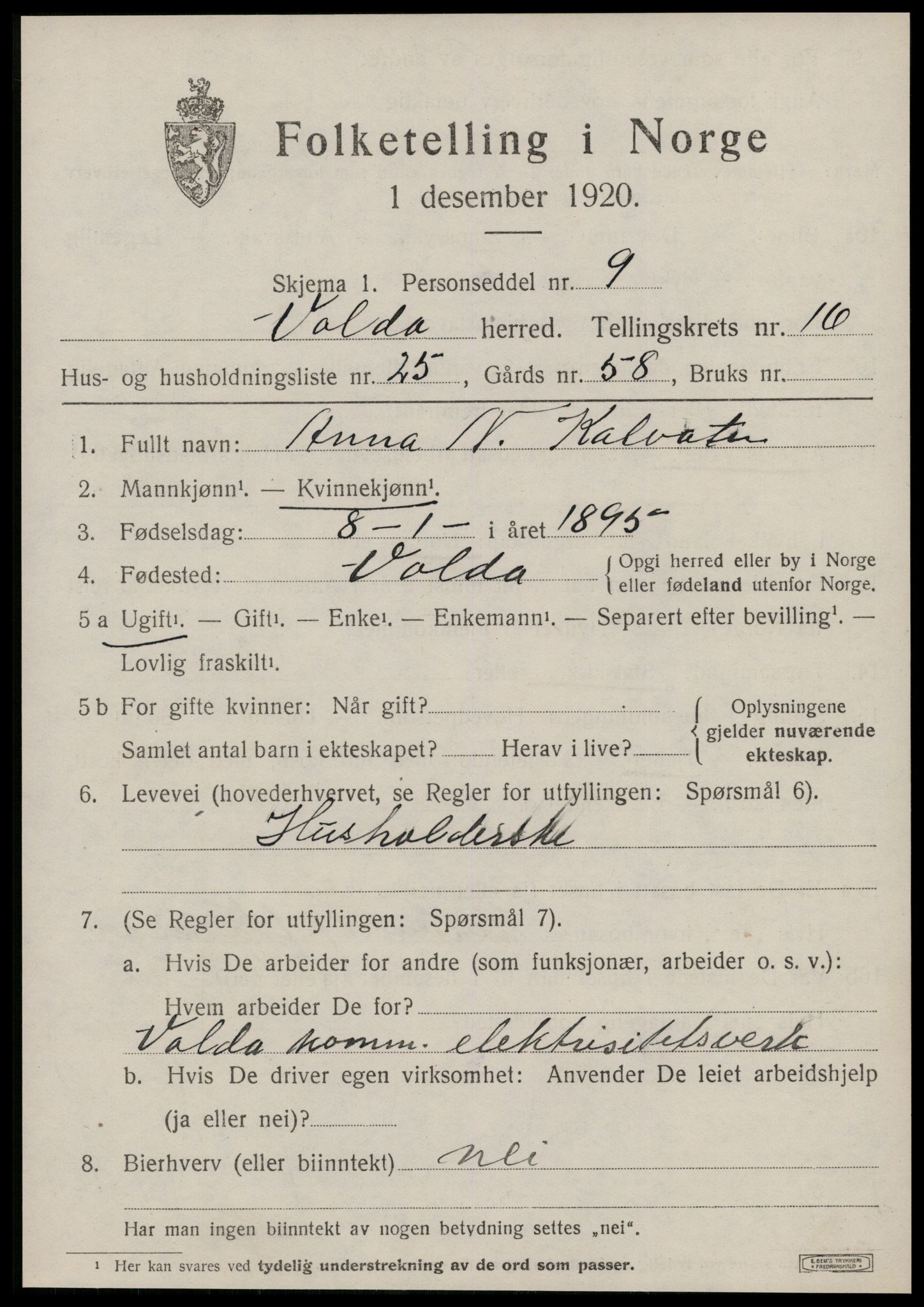 SAT, 1920 census for Volda, 1920, p. 9564