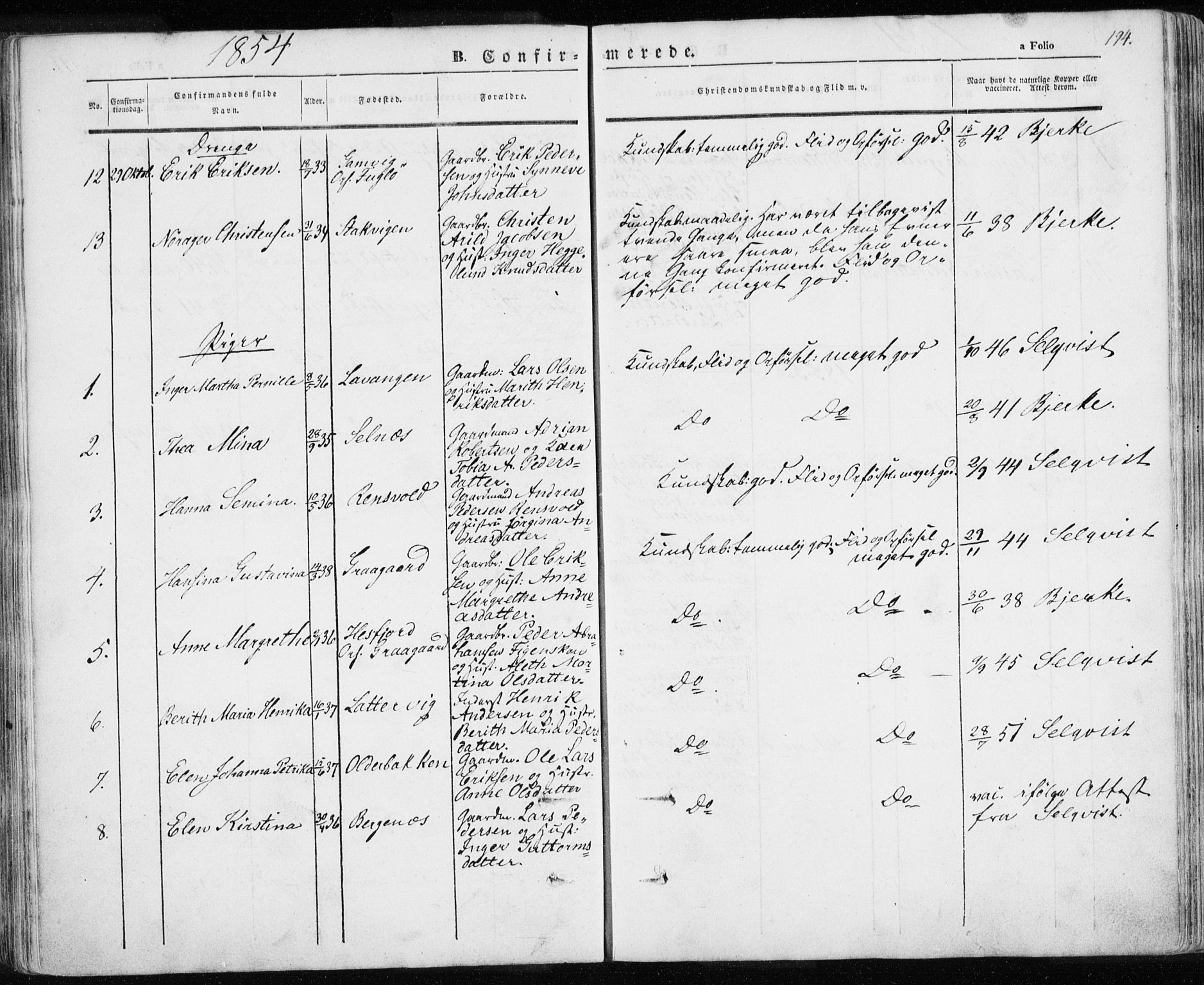 Karlsøy sokneprestembete, AV/SATØ-S-1299/H/Ha/Haa/L0003kirke: Parish register (official) no. 3, 1843-1860, p. 194