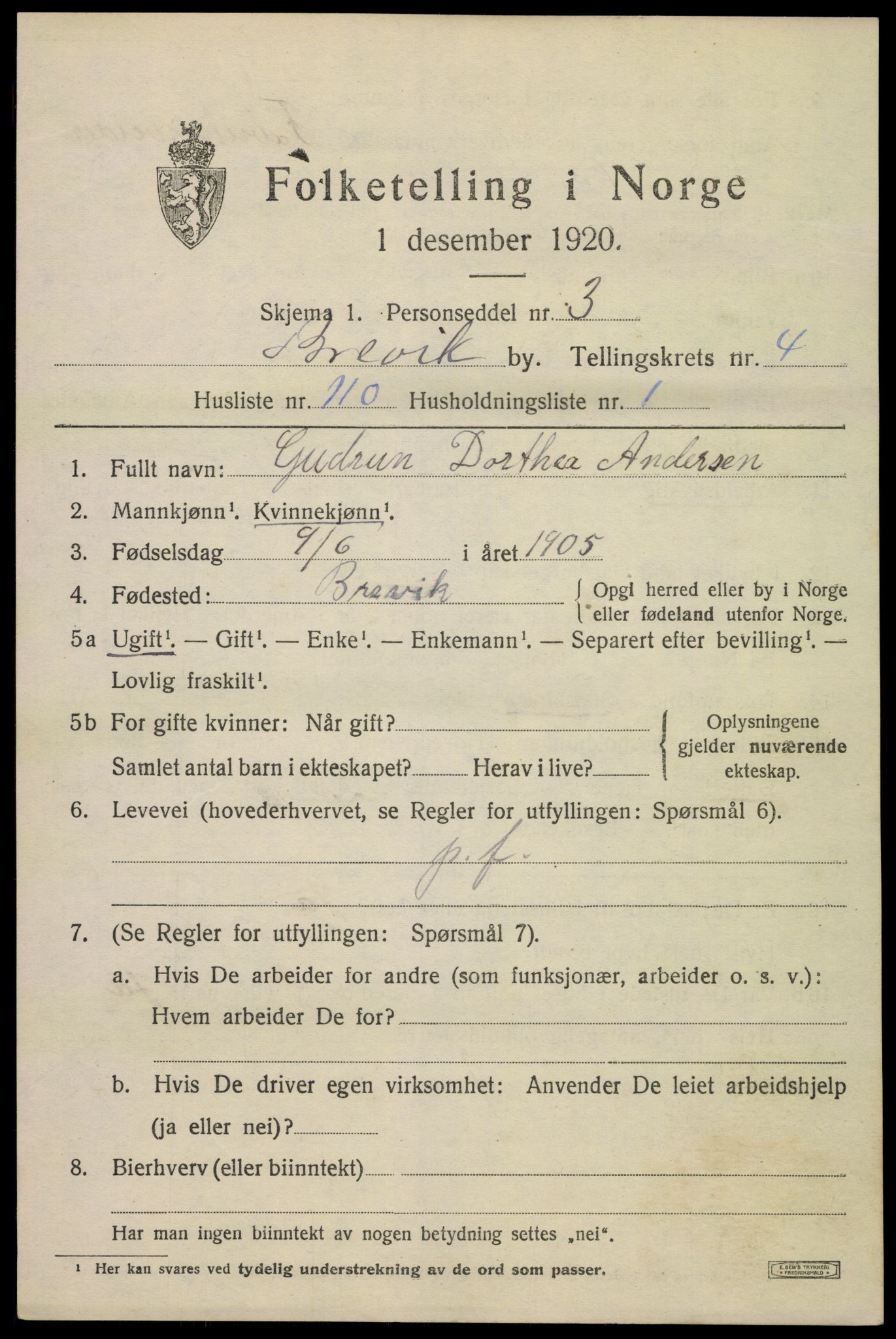 SAKO, 1920 census for Brevik, 1920, p. 7132