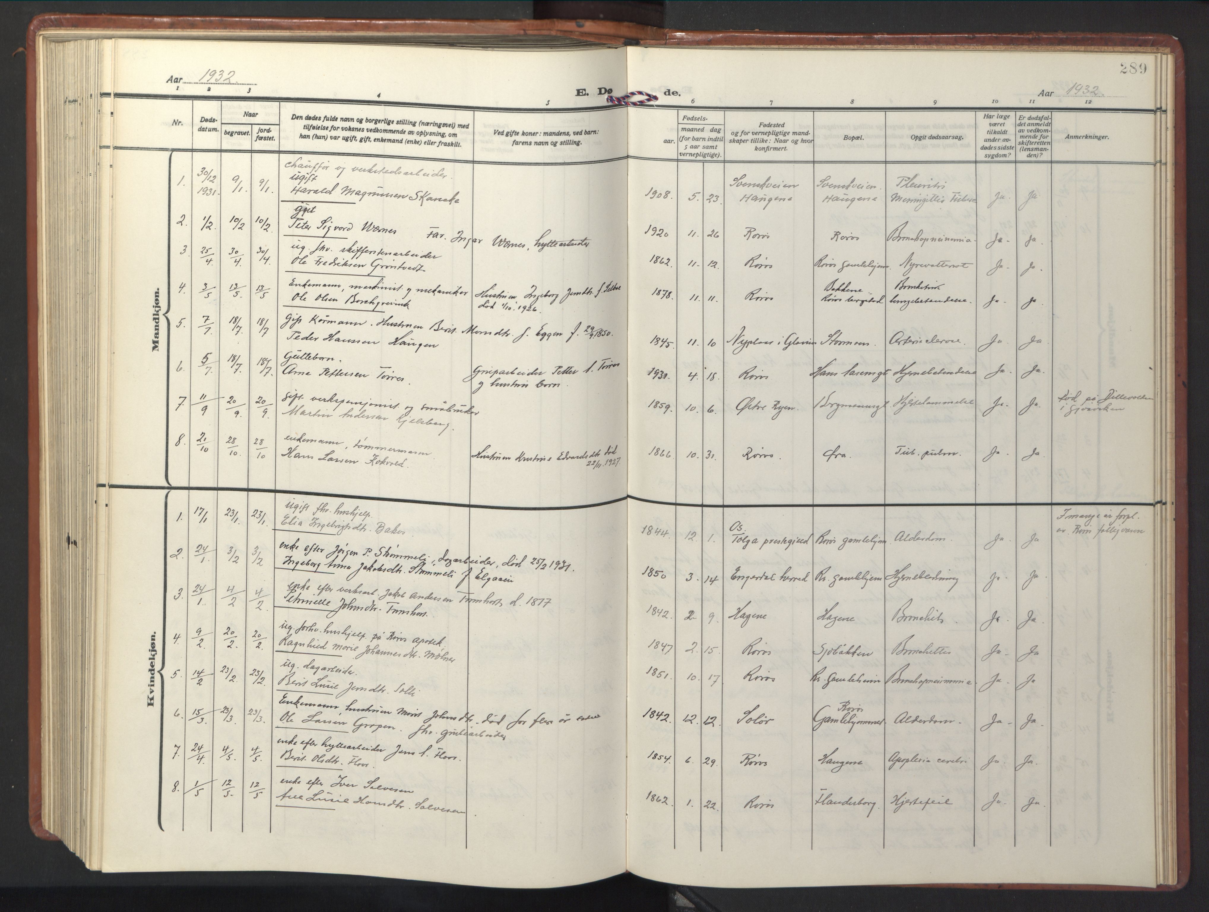 Ministerialprotokoller, klokkerbøker og fødselsregistre - Sør-Trøndelag, SAT/A-1456/681/L0943: Parish register (copy) no. 681C07, 1926-1954, p. 289