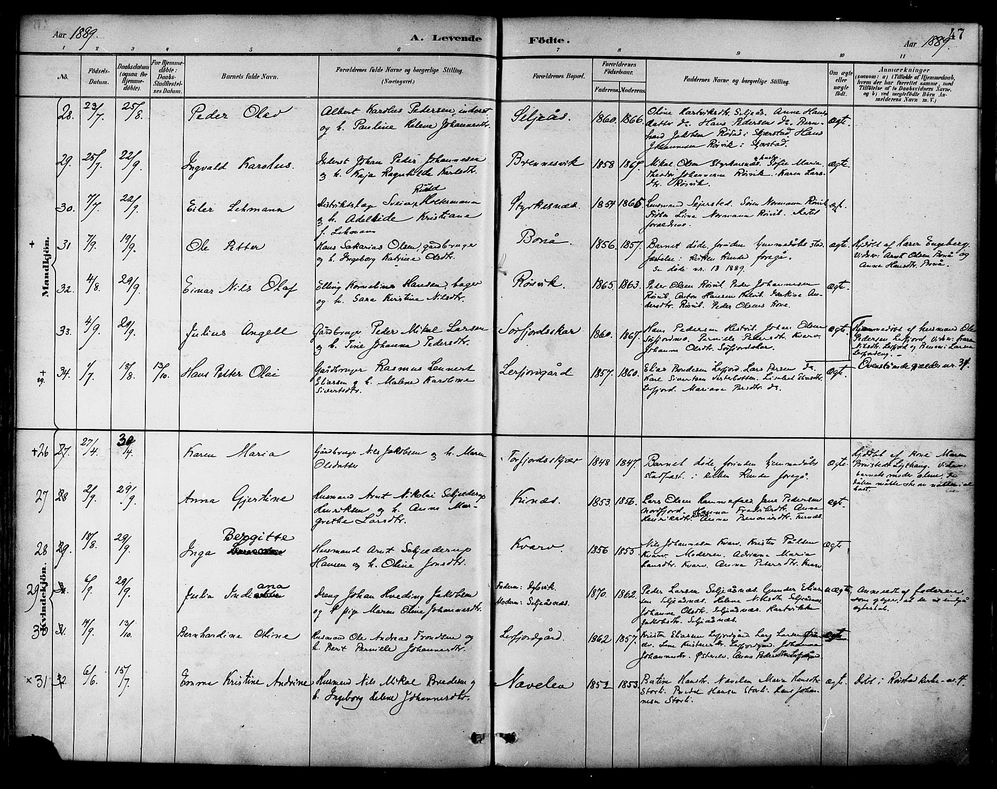 Ministerialprotokoller, klokkerbøker og fødselsregistre - Nordland, AV/SAT-A-1459/854/L0777: Parish register (official) no. 854A01 /1, 1883-1891, p. 47