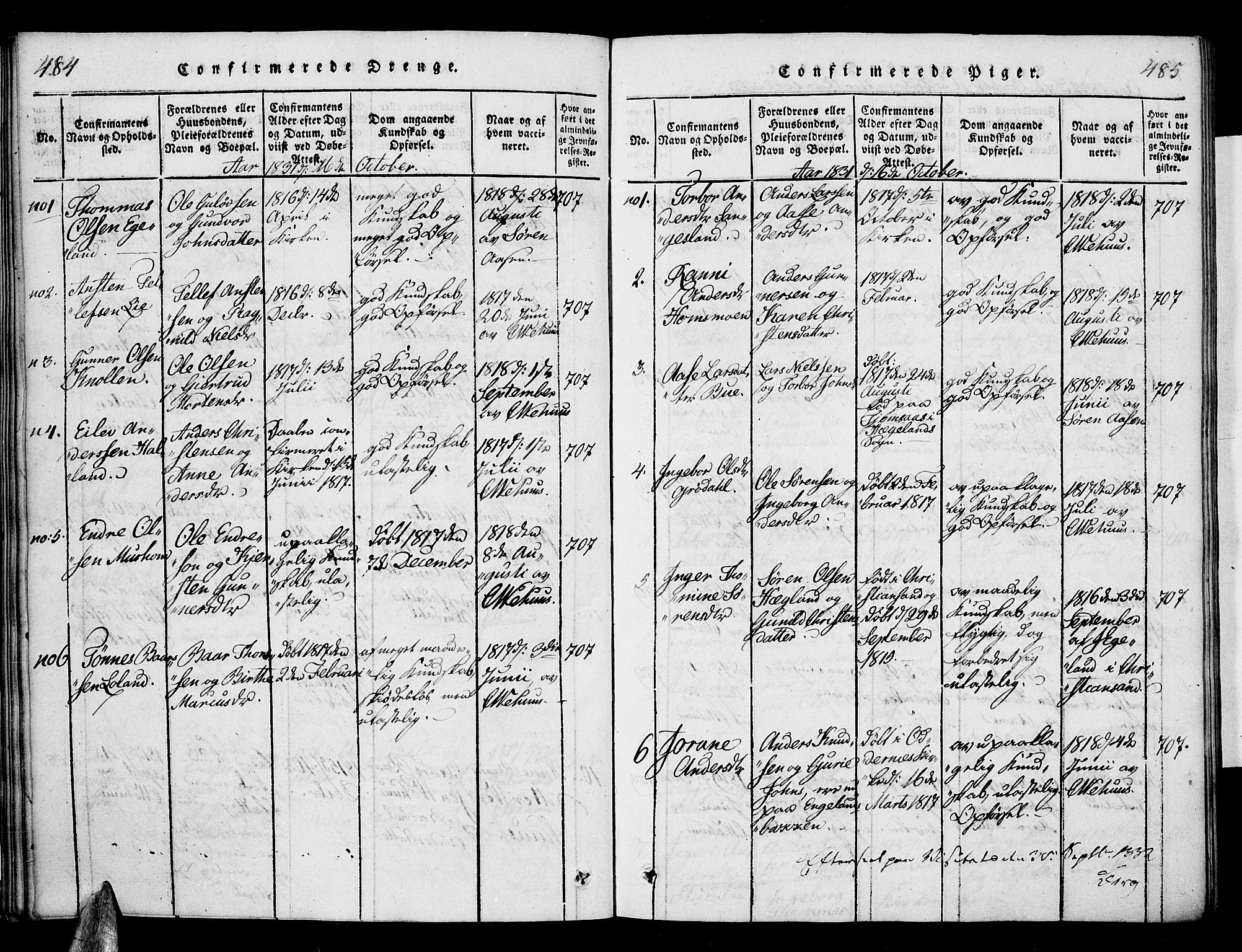 Vennesla sokneprestkontor, SAK/1111-0045/Fa/Fac/L0003: Parish register (official) no. A 3, 1820-1834, p. 484-485