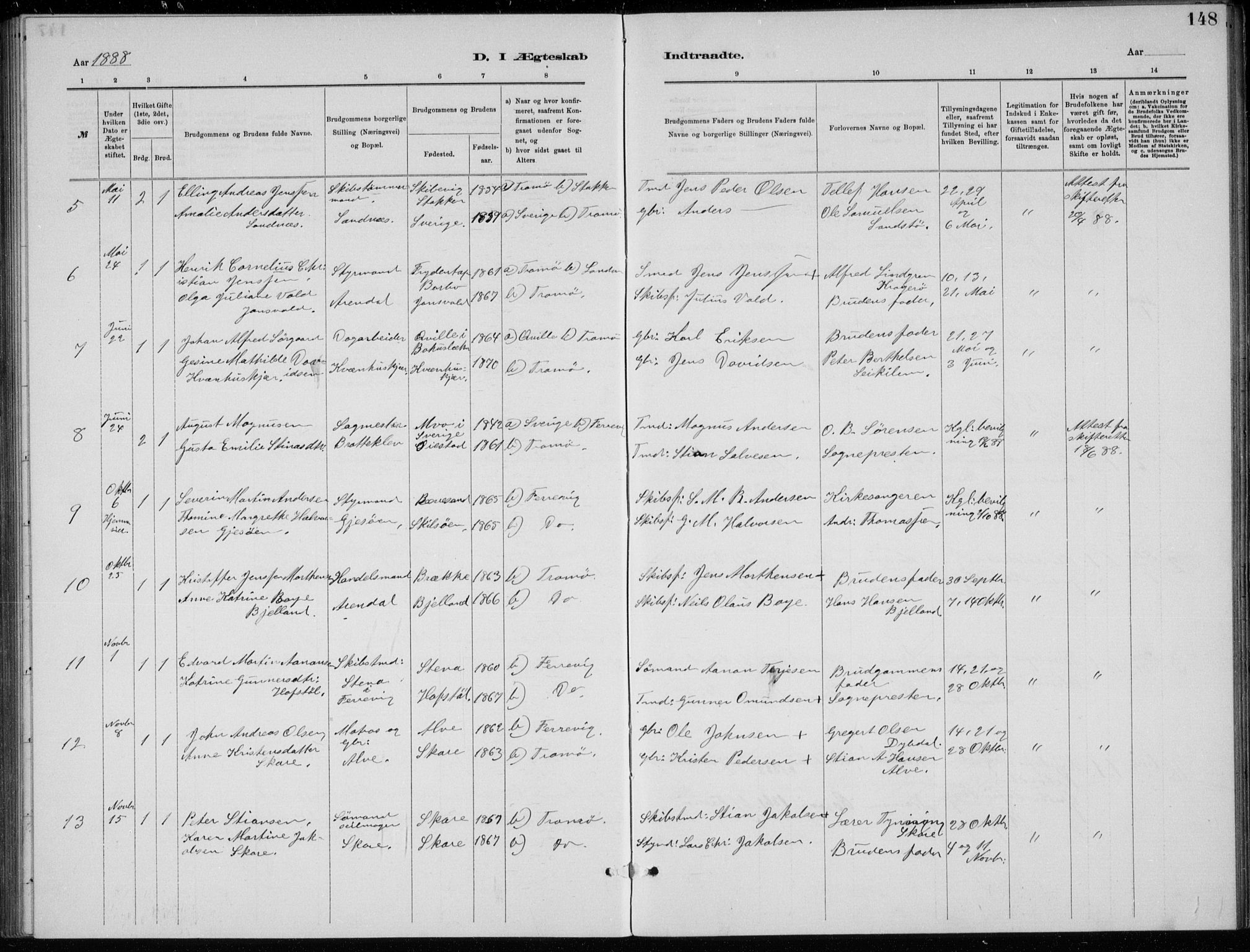 Tromøy sokneprestkontor, SAK/1111-0041/F/Fb/L0005: Parish register (copy) no. B 5, 1877-1891, p. 148