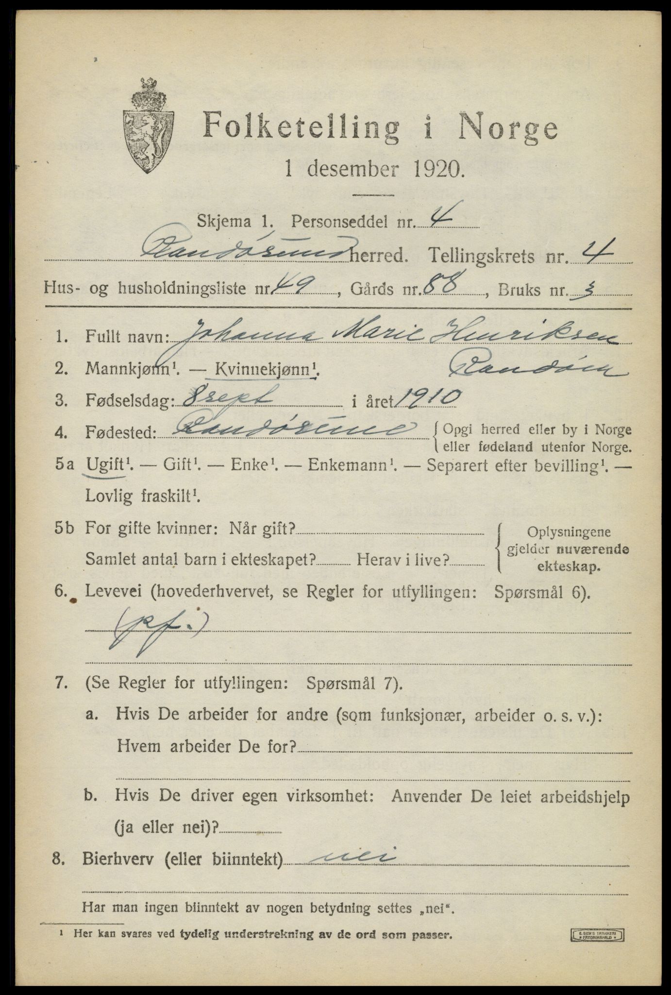 SAK, 1920 census for Randesund, 1920, p. 2292