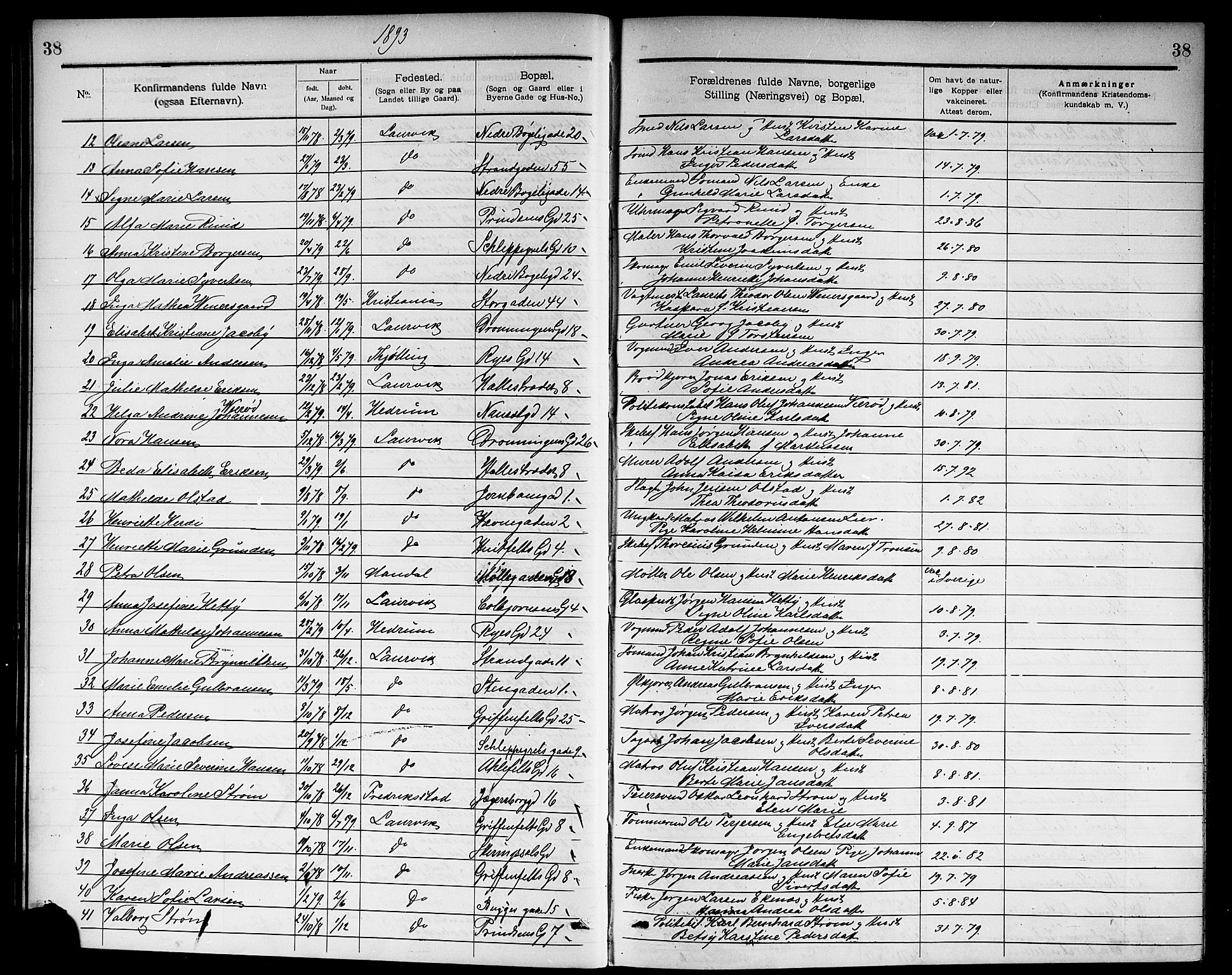 Larvik kirkebøker, SAKO/A-352/G/Ga/L0006: Parish register (copy) no. I 6, 1888-1917, p. 38