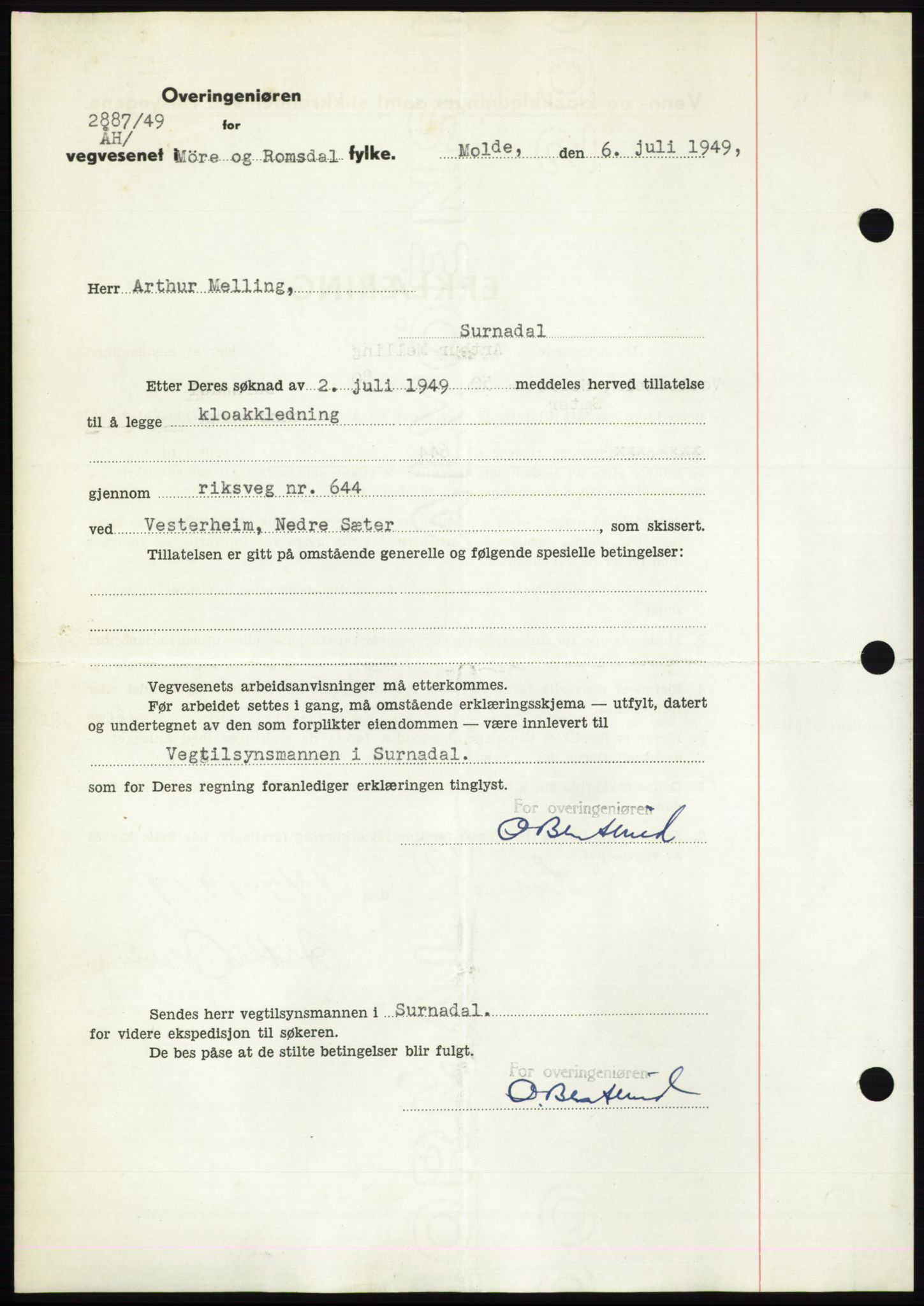 Nordmøre sorenskriveri, AV/SAT-A-4132/1/2/2Ca: Mortgage book no. B102, 1949-1949, Diary no: : 1987/1949