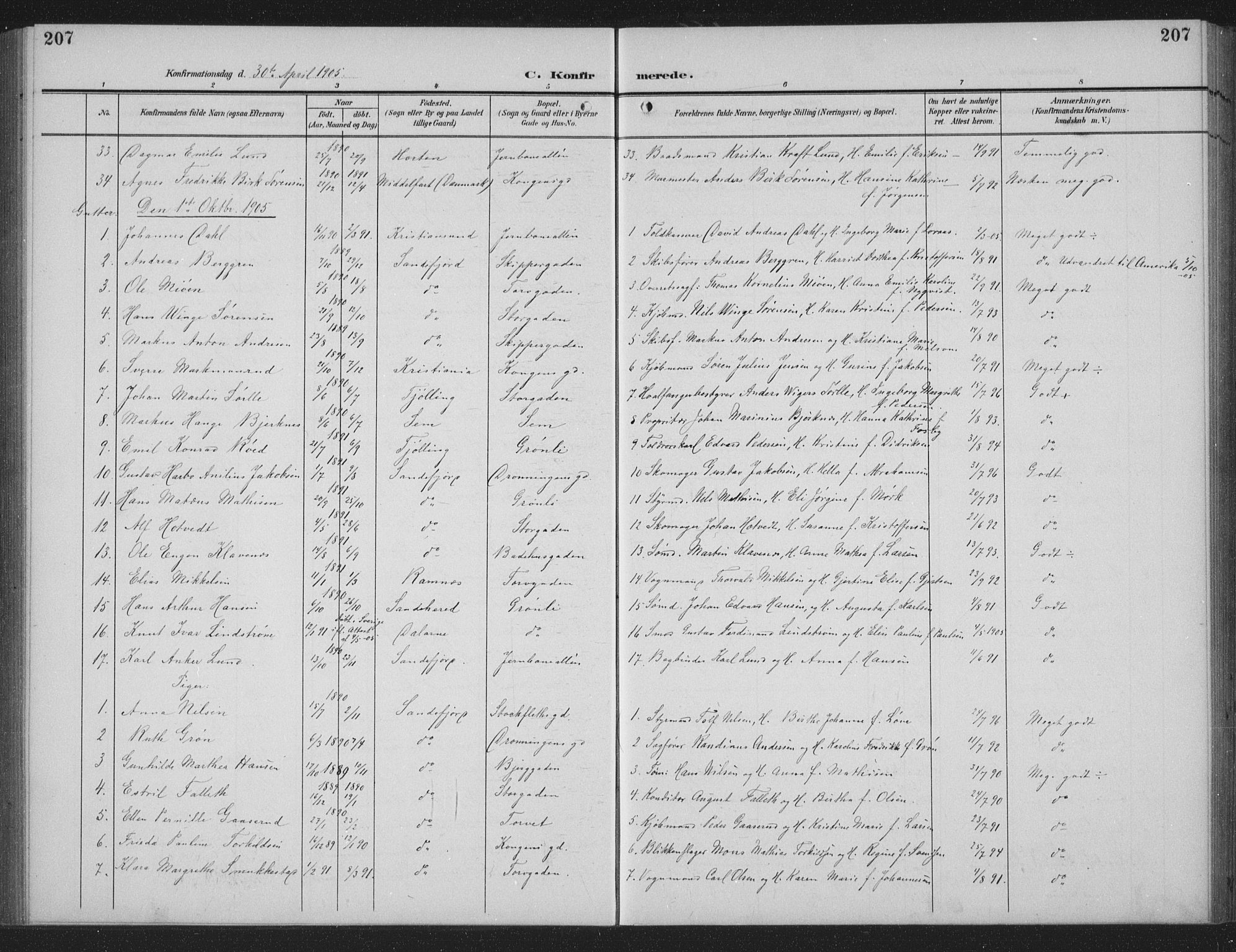 Sandefjord kirkebøker, AV/SAKO-A-315/G/Ga/L0003: Parish register (copy) no. 3, 1903-1920, p. 207