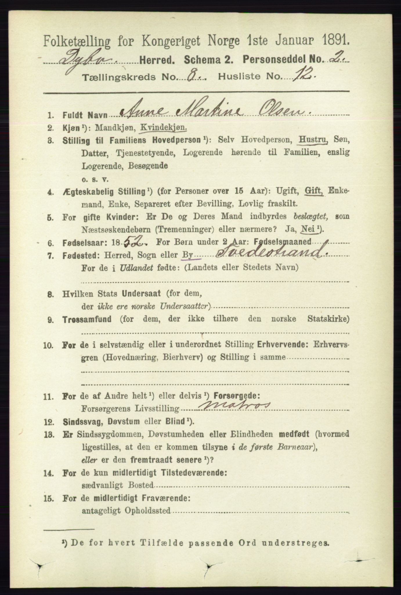 RA, 1891 census for 0915 Dypvåg, 1891, p. 2785