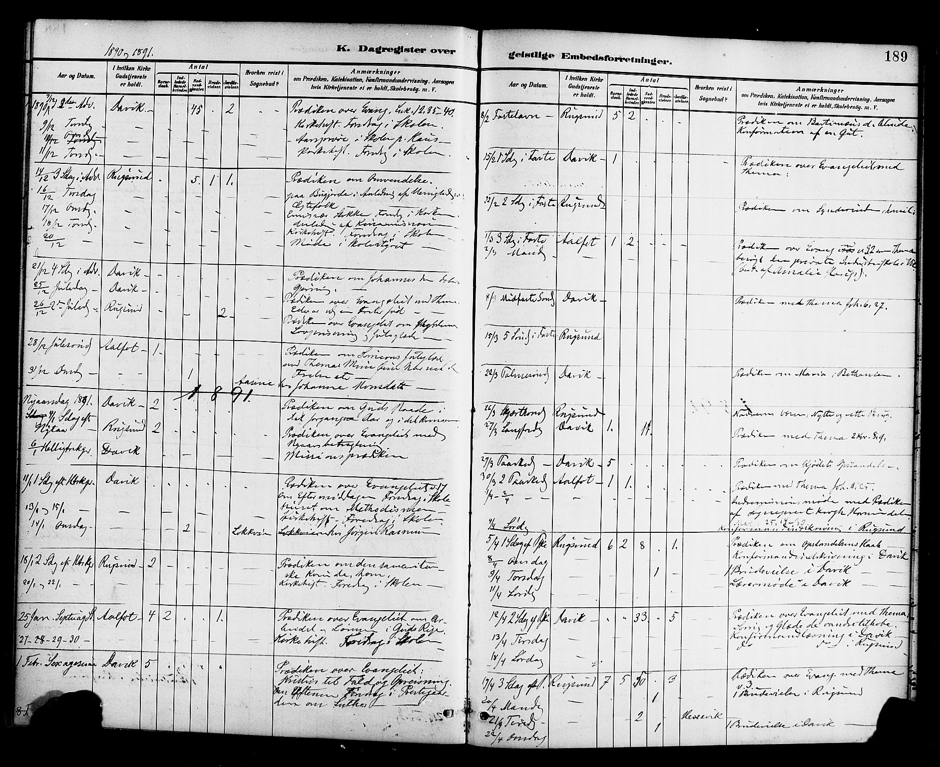 Davik sokneprestembete, AV/SAB-A-79701/H/Haa/Haab/L0001: Parish register (official) no. B 1, 1882-1900, p. 189