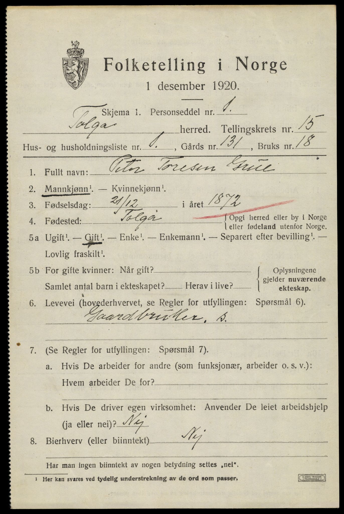 SAH, 1920 census for Tolga, 1920, p. 6871