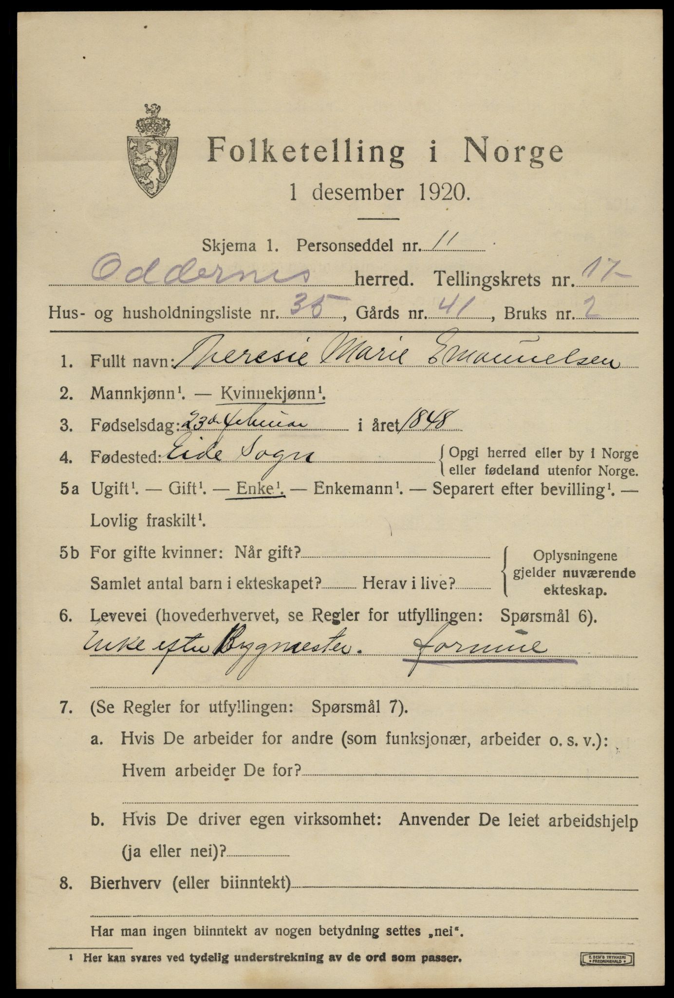 SAK, 1920 census for Oddernes, 1920, p. 13095