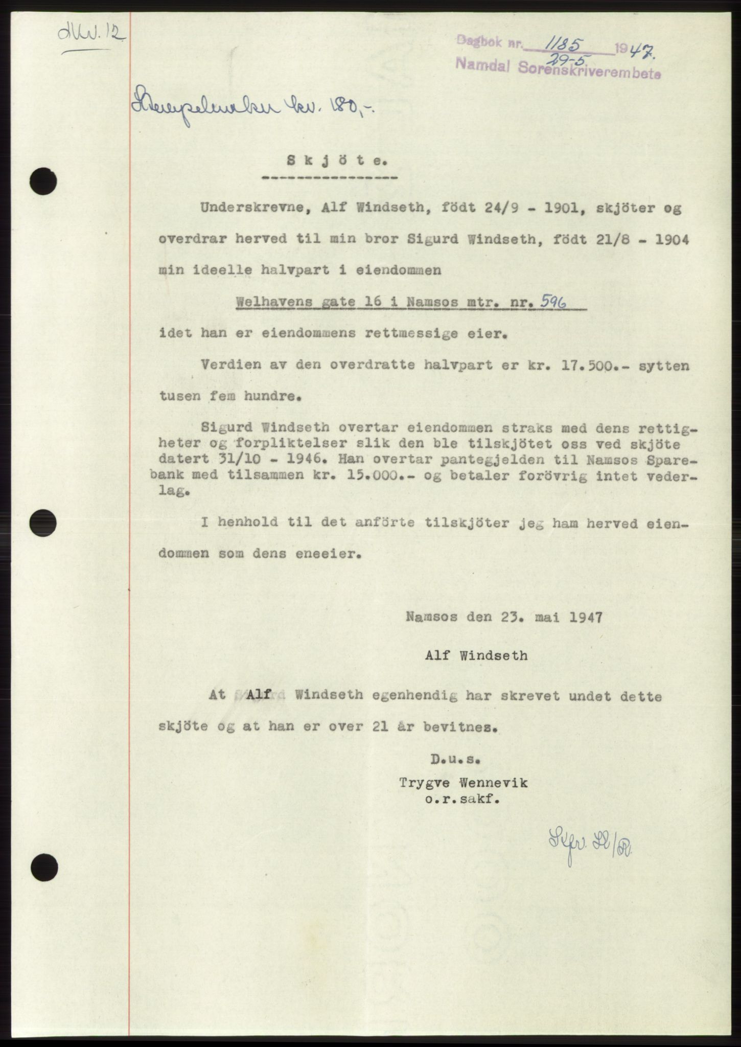 Namdal sorenskriveri, AV/SAT-A-4133/1/2/2C: Mortgage book no. -, 1947-1947, Diary no: : 1185/1947
