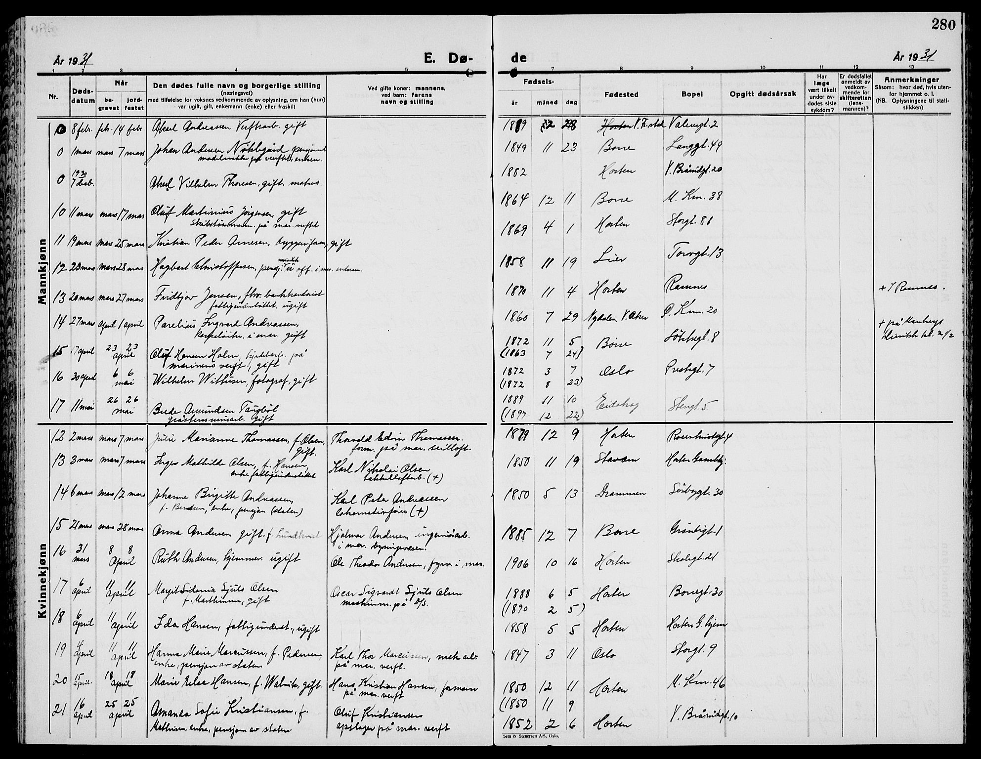 Horten kirkebøker, SAKO/A-348/G/Ga/L0009: Parish register (copy) no. 9, 1926-1936, p. 280