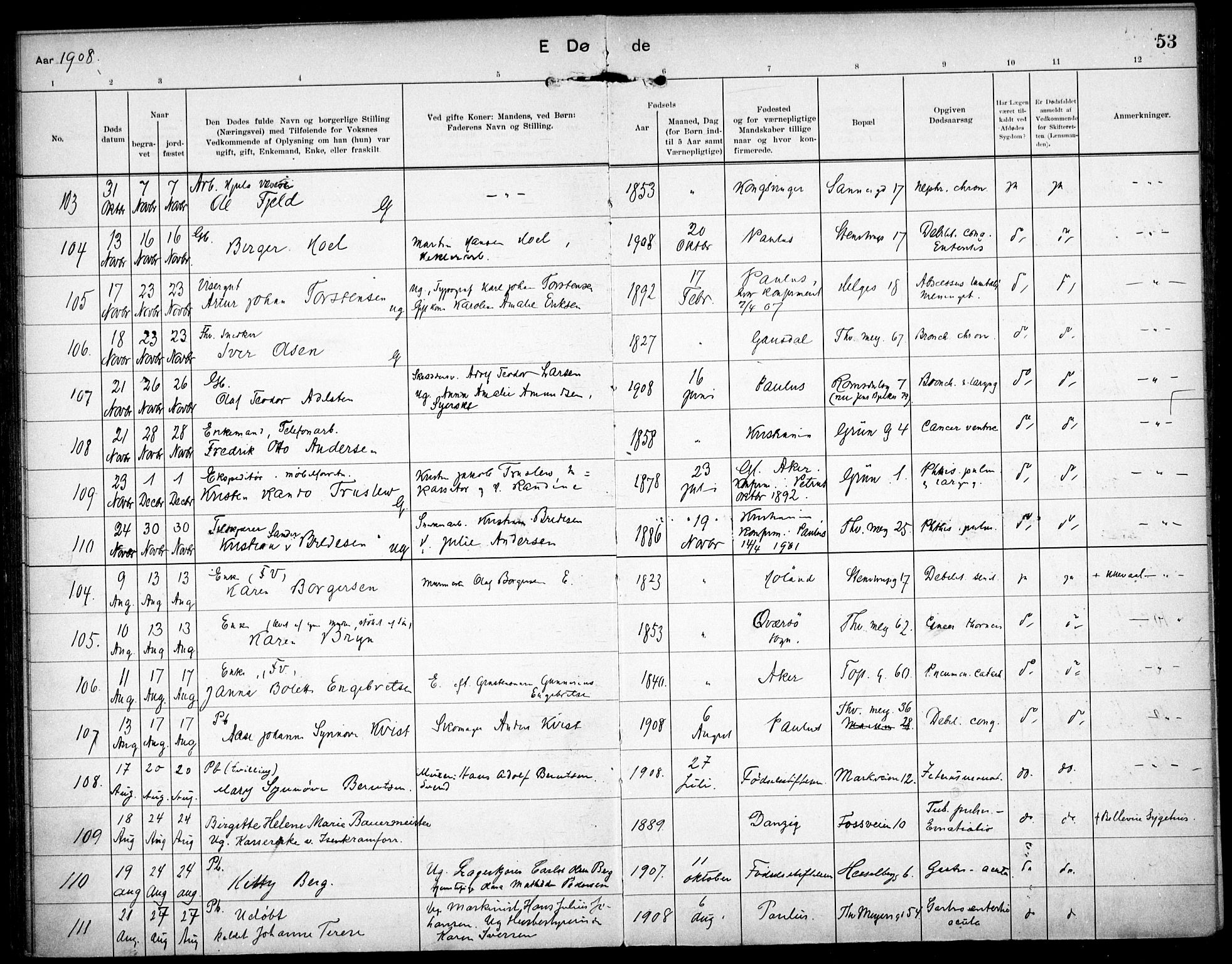 Paulus prestekontor Kirkebøker, AV/SAO-A-10871/F/Fa/L0018: Parish register (official) no. 18, 1906-1915, p. 53